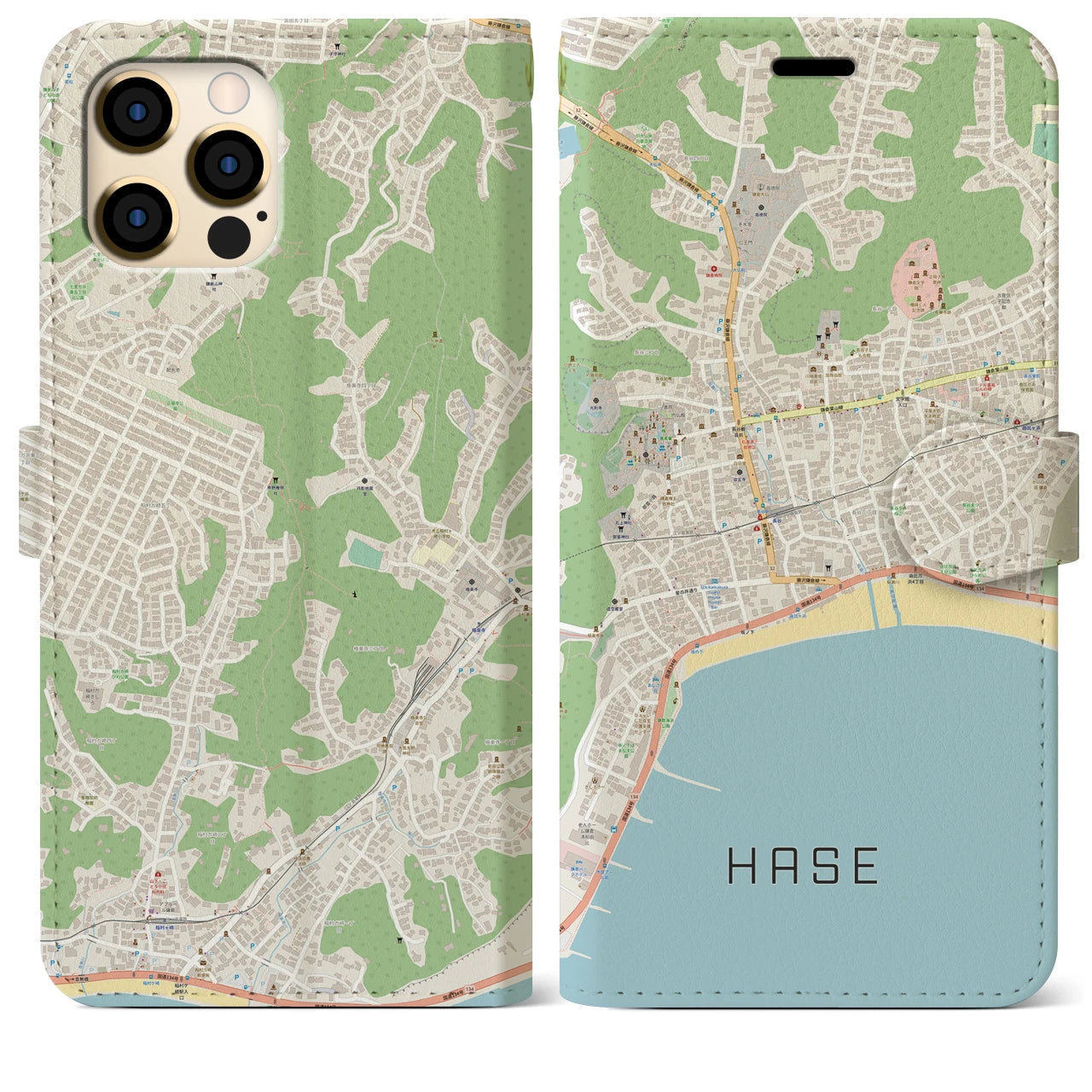 【長谷(神奈川県)】地図柄iPhoneケース(手帳タイプ)ナチュラル・iPhone 12 Pro Max 用