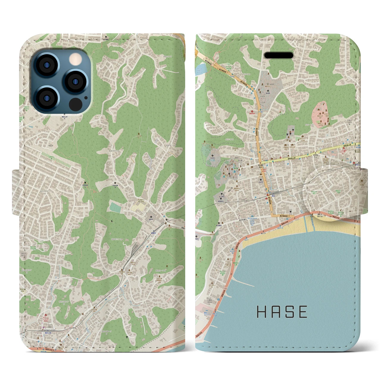 【長谷(神奈川県)】地図柄iPhoneケース(手帳タイプ)ナチュラル・iPhone 12 / 12 Pro 用