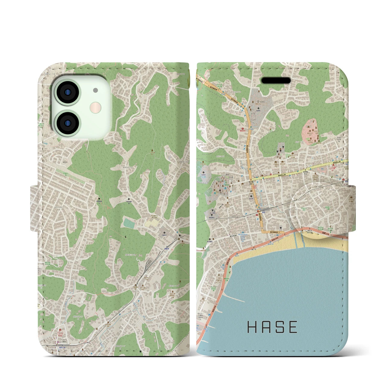 【長谷(神奈川県)】地図柄iPhoneケース(手帳タイプ)ナチュラル・iPhone 12 mini 用