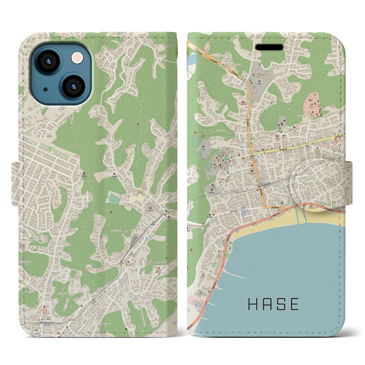 【長谷(神奈川県)】地図柄iPhoneケース(手帳タイプ)ナチュラル・iPhone 13 用