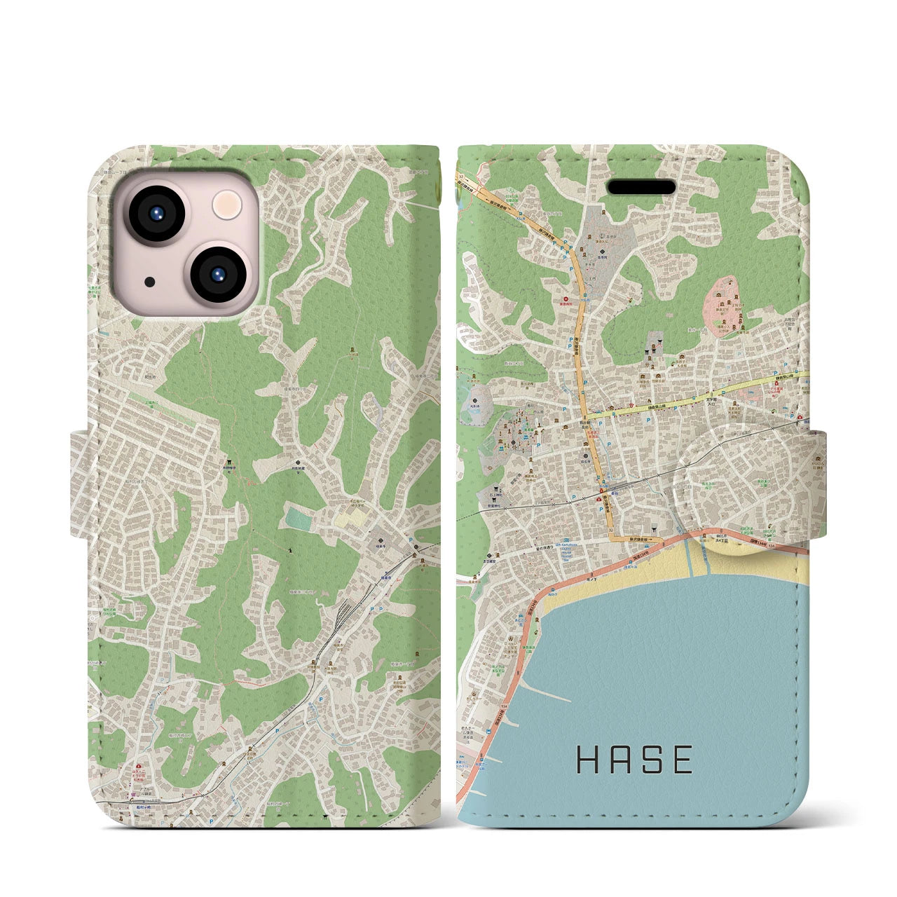 【長谷(神奈川県)】地図柄iPhoneケース(手帳タイプ)ナチュラル・iPhone 13 mini 用