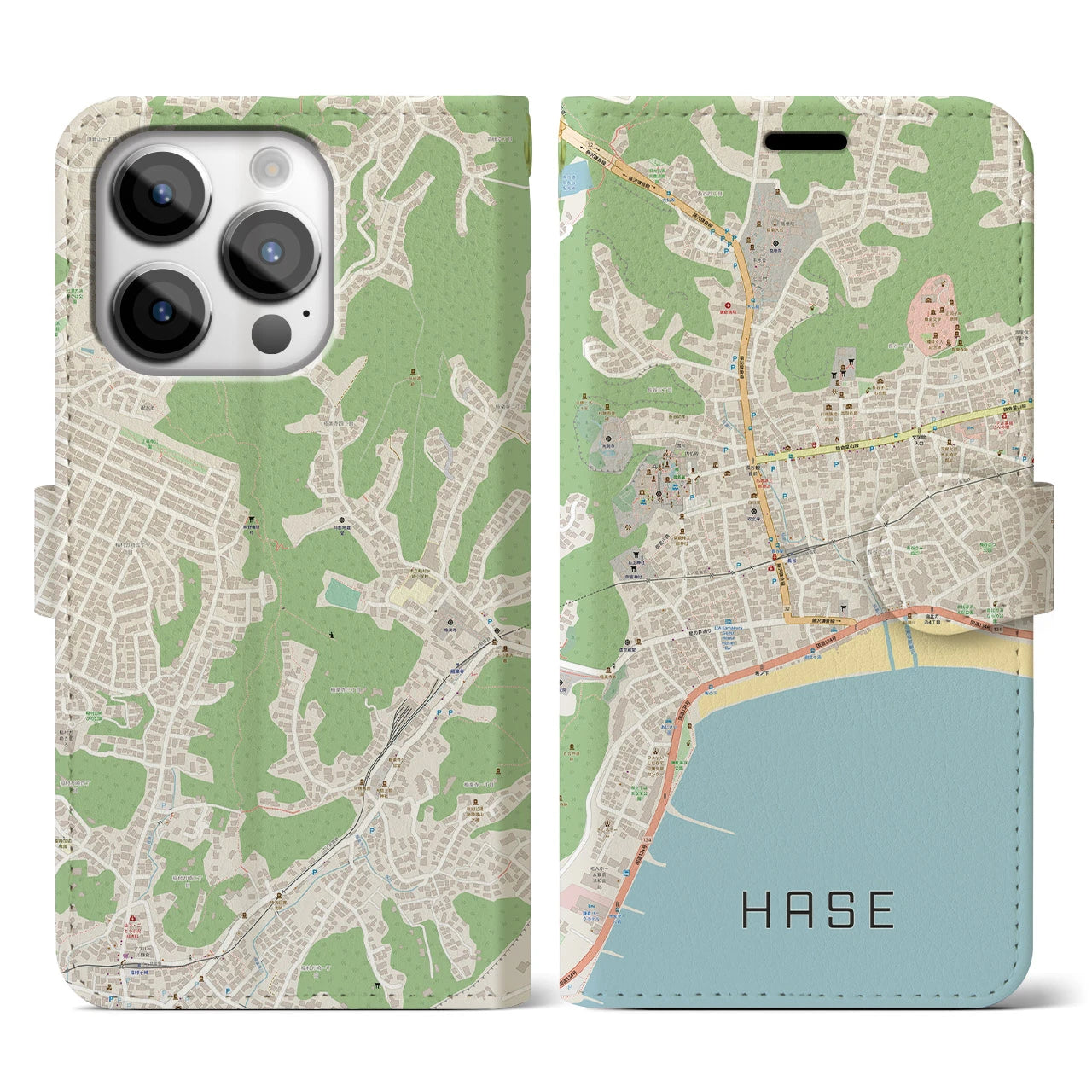 【長谷(神奈川県)】地図柄iPhoneケース(手帳タイプ)ナチュラル・iPhone 14 Pro 用
