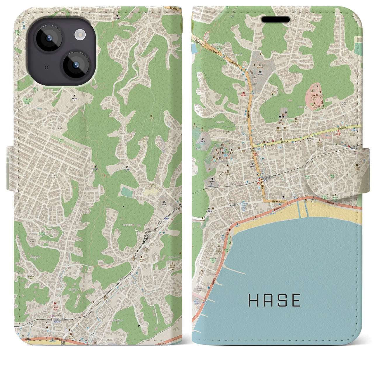 【長谷(神奈川県)】地図柄iPhoneケース(手帳タイプ)ナチュラル・iPhone 14 Plus 用