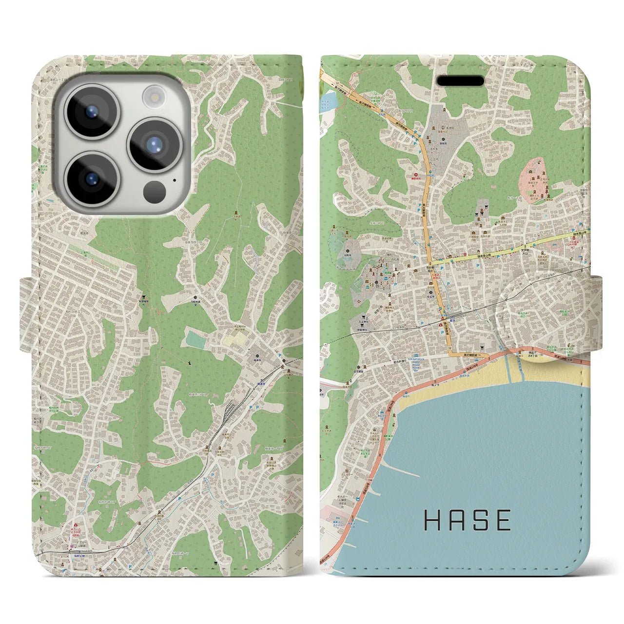 【長谷(神奈川県)】地図柄iPhoneケース(手帳タイプ)ナチュラル・iPhone 15 Pro 用