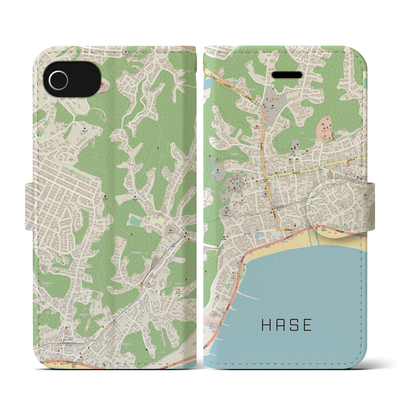 【長谷(神奈川県)】地図柄iPhoneケース(手帳タイプ)ナチュラル・iPhone SE(第3 / 第2世代) / 8 / 7 / 6s / 6 用