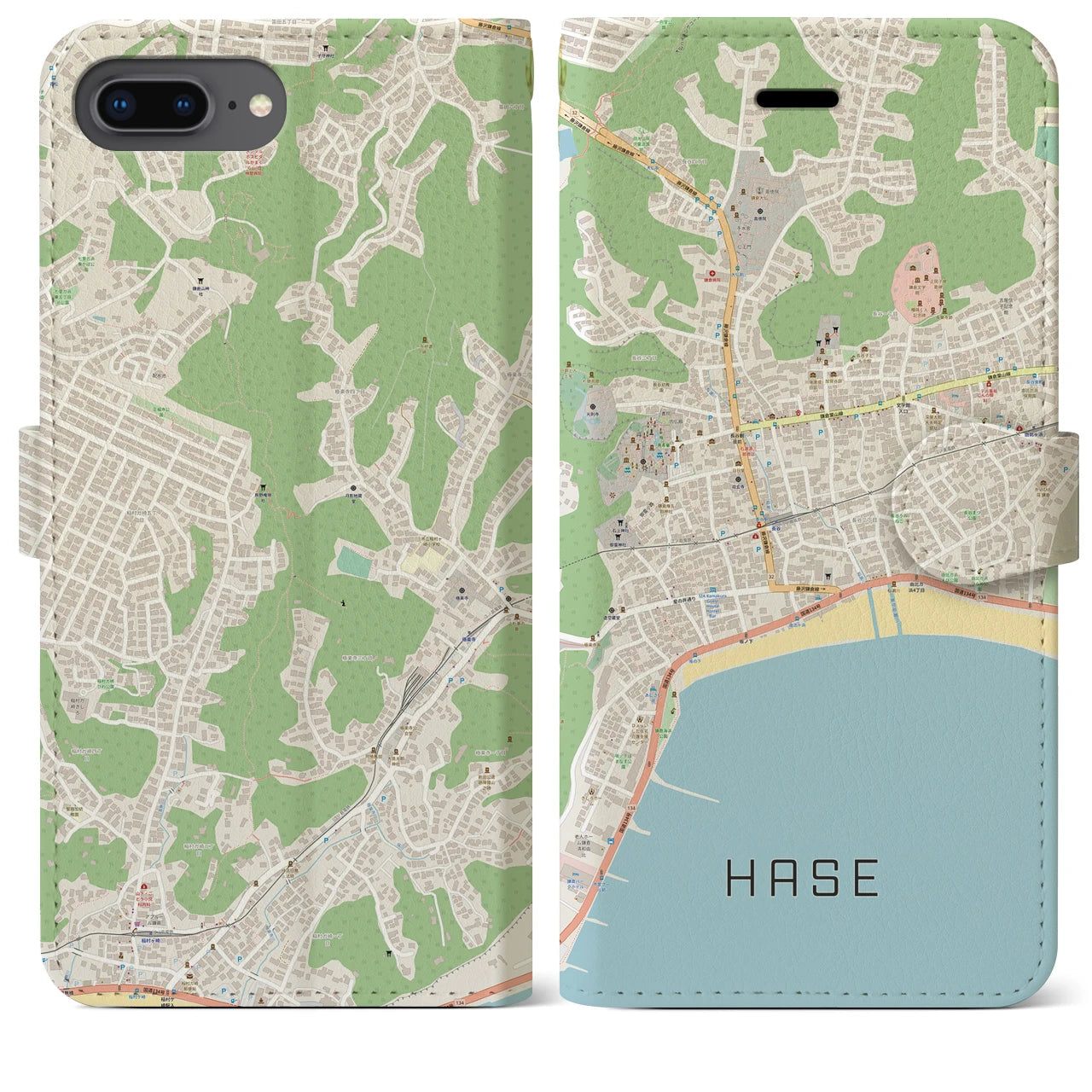 【長谷(神奈川県)】地図柄iPhoneケース(手帳タイプ)ナチュラル・iPhone 8Plus /7Plus / 6sPlus / 6Plus 用