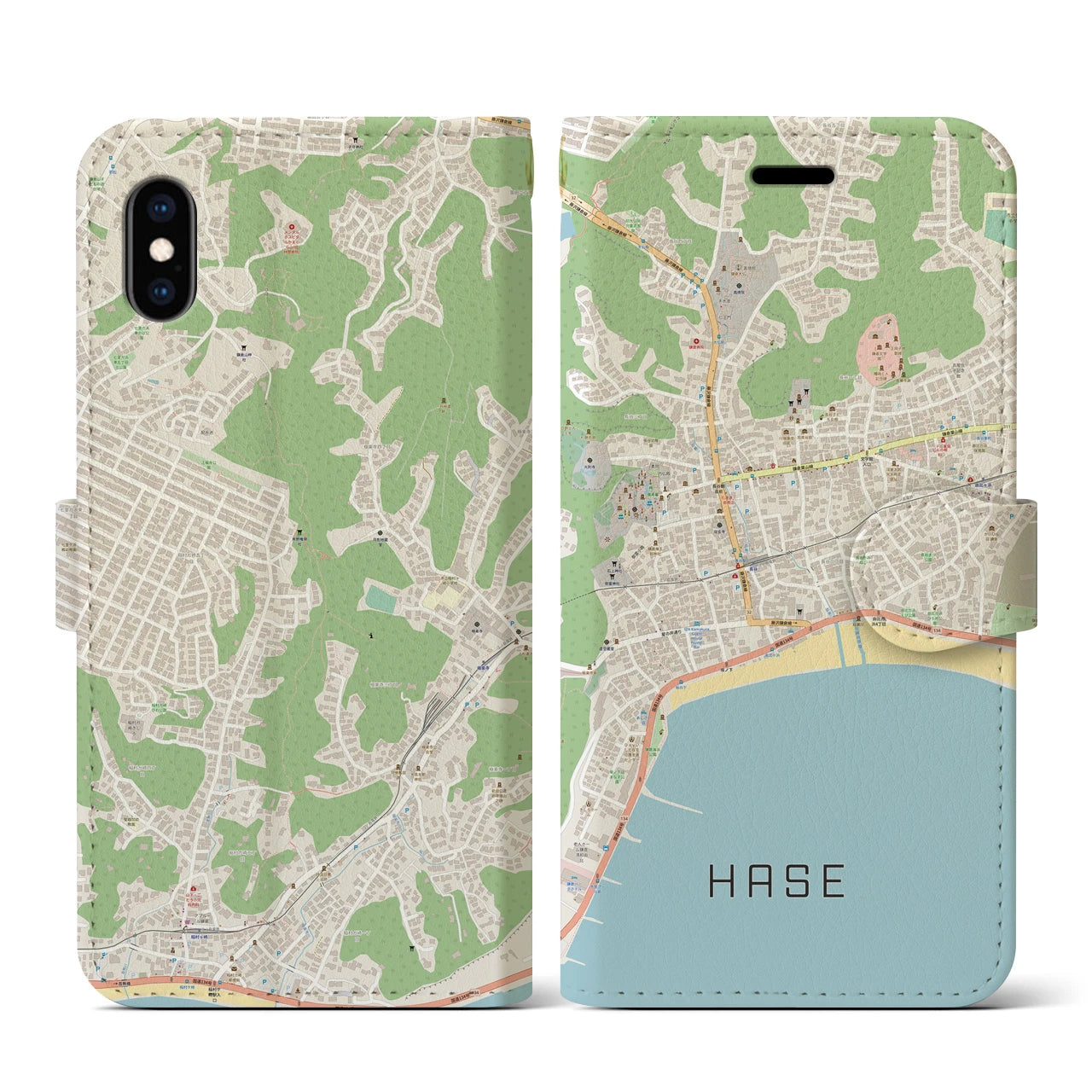 【長谷(神奈川県)】地図柄iPhoneケース(手帳タイプ)ナチュラル・iPhone XS / X 用