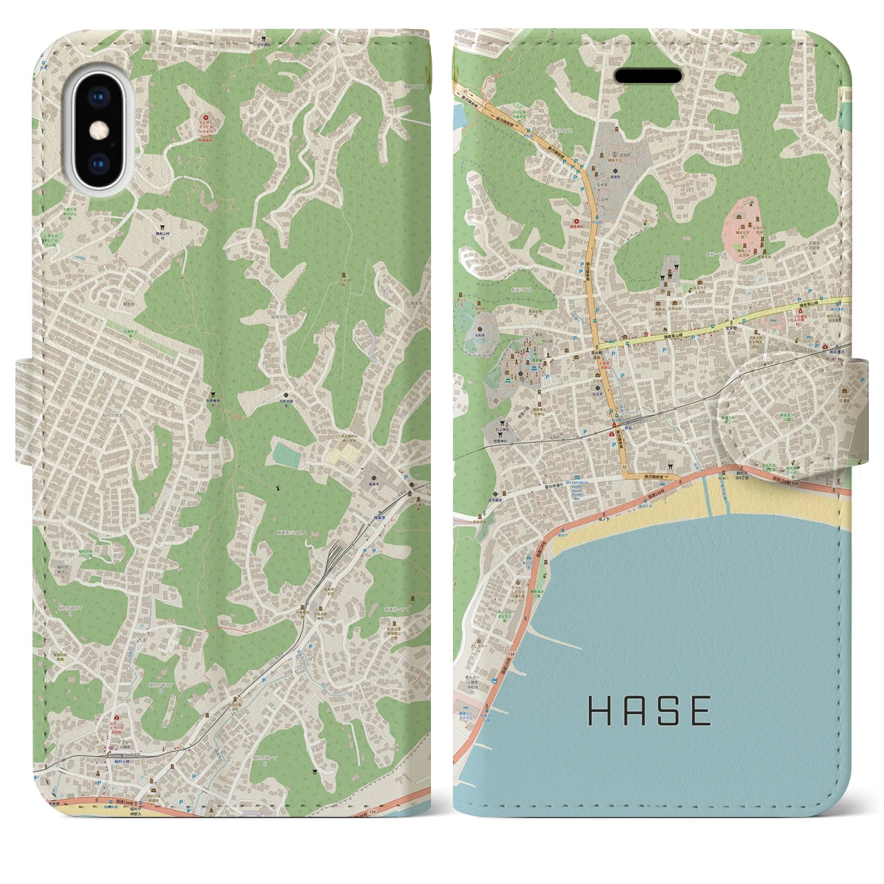 【長谷(神奈川県)】地図柄iPhoneケース(手帳タイプ)ナチュラル・iPhone XS Max 用