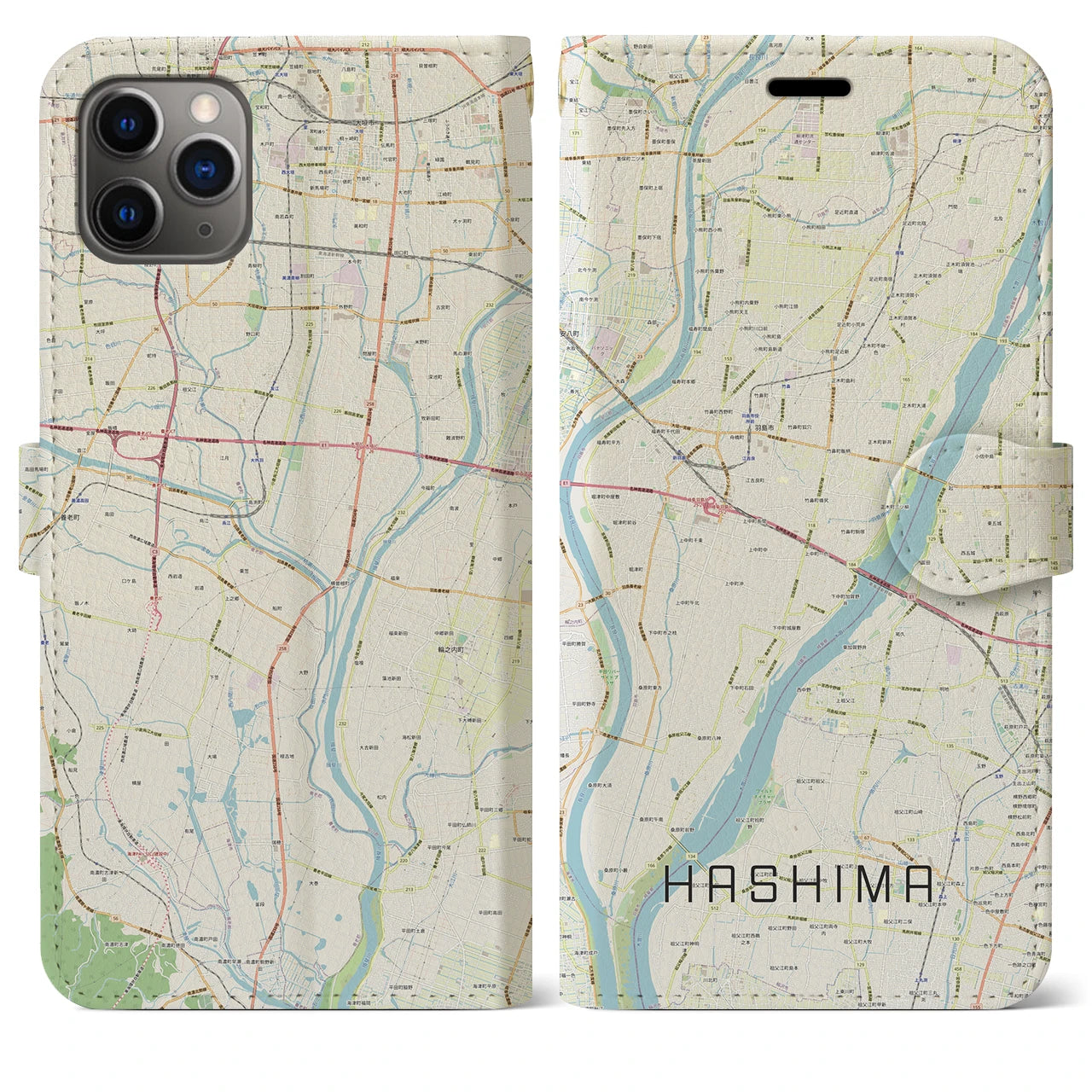 【羽島(岐阜県)】地図柄iPhoneケース(手帳タイプ)ナチュラル・iPhone 11 Pro Max 用