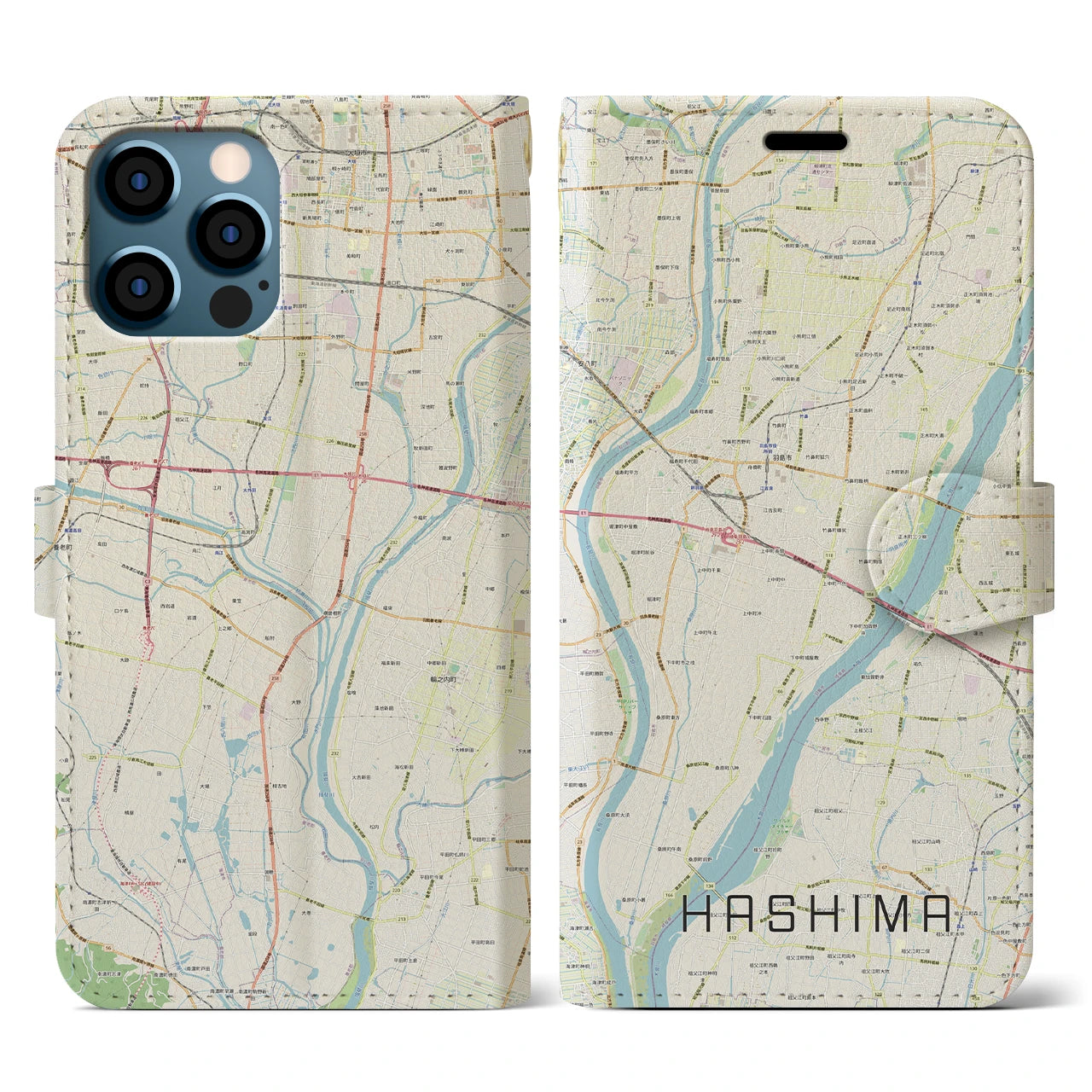 【羽島(岐阜県)】地図柄iPhoneケース(手帳タイプ)ナチュラル・iPhone 12 / 12 Pro 用