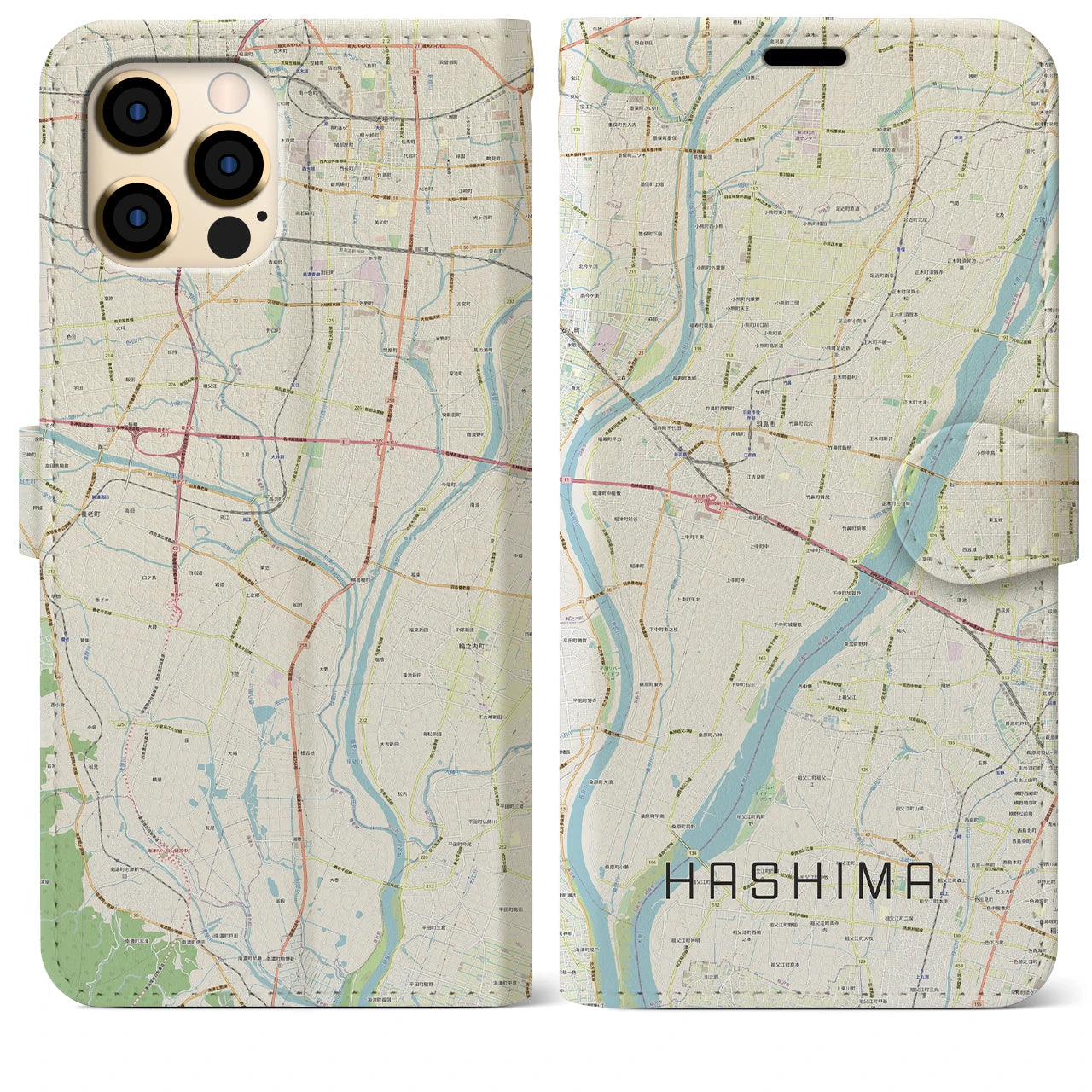【羽島(岐阜県)】地図柄iPhoneケース(手帳タイプ)ナチュラル・iPhone 12 Pro Max 用