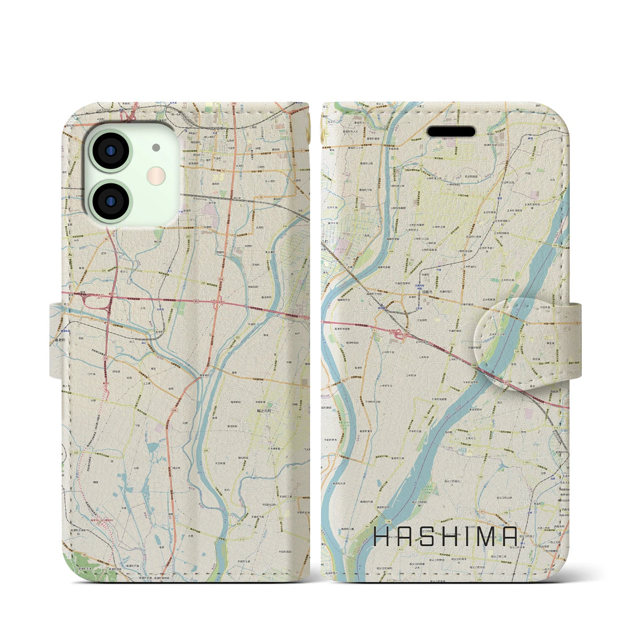 【羽島(岐阜県)】地図柄iPhoneケース(手帳タイプ)ナチュラル・iPhone 12 mini 用