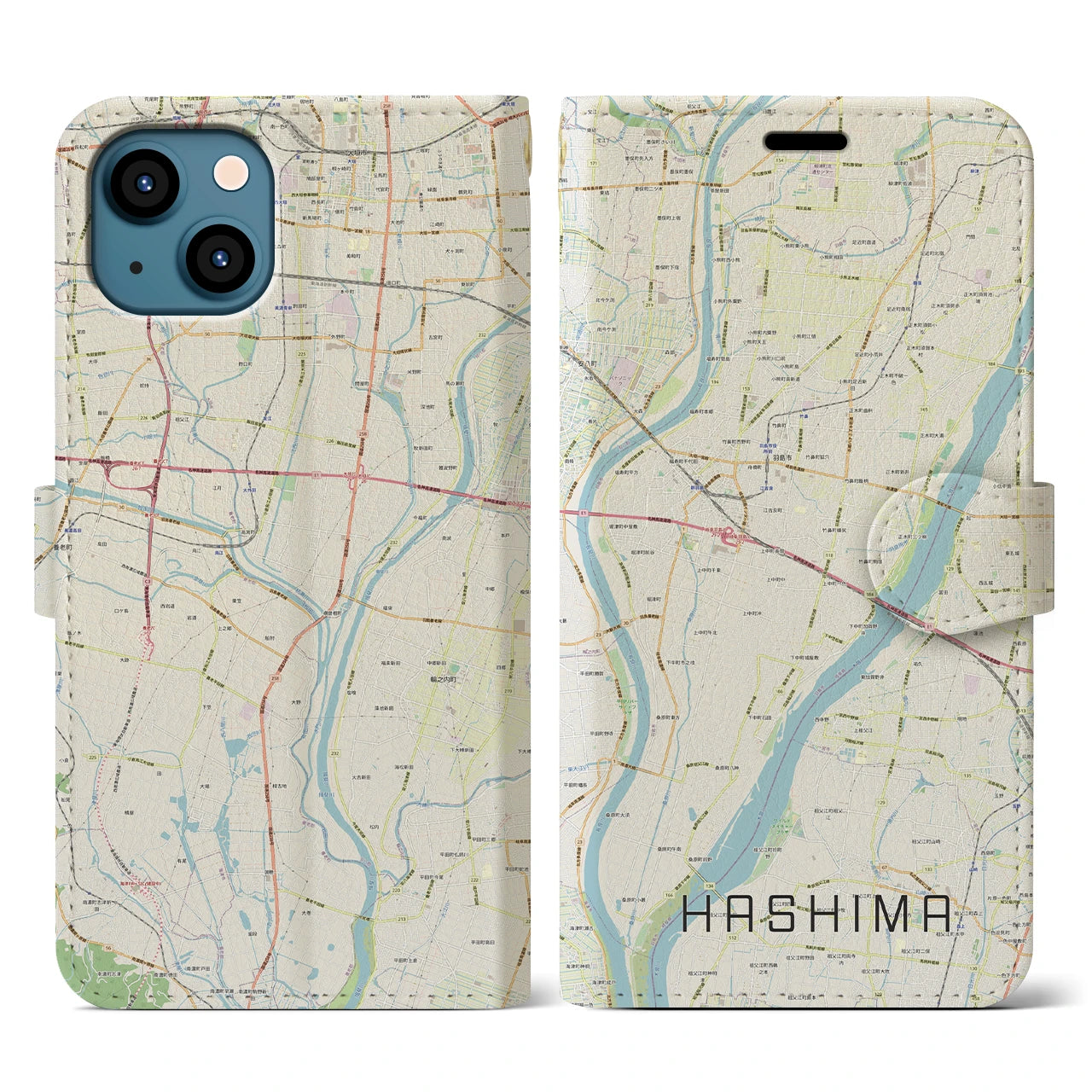 【羽島(岐阜県)】地図柄iPhoneケース(手帳タイプ)ナチュラル・iPhone 13 用