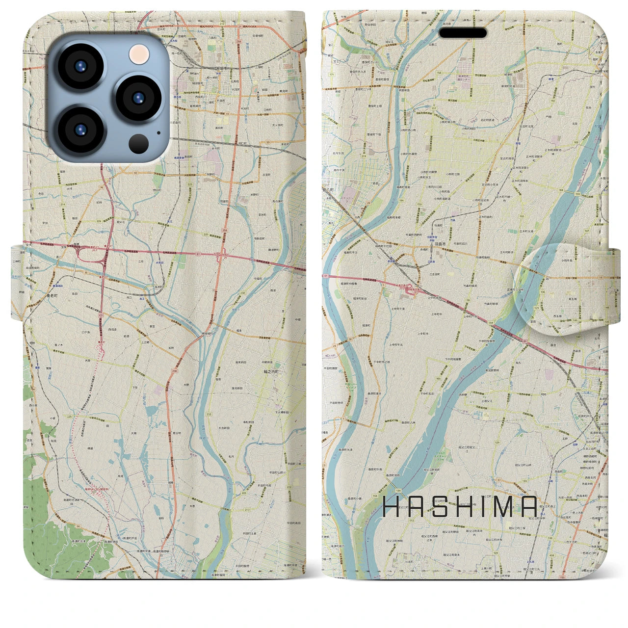 【羽島(岐阜県)】地図柄iPhoneケース(手帳タイプ)ナチュラル・iPhone 13 Pro Max 用