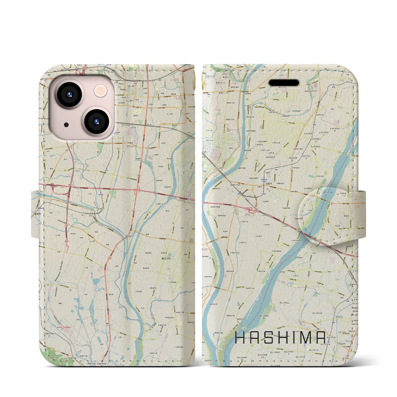 【羽島(岐阜県)】地図柄iPhoneケース(手帳タイプ)ナチュラル・iPhone 13 mini 用