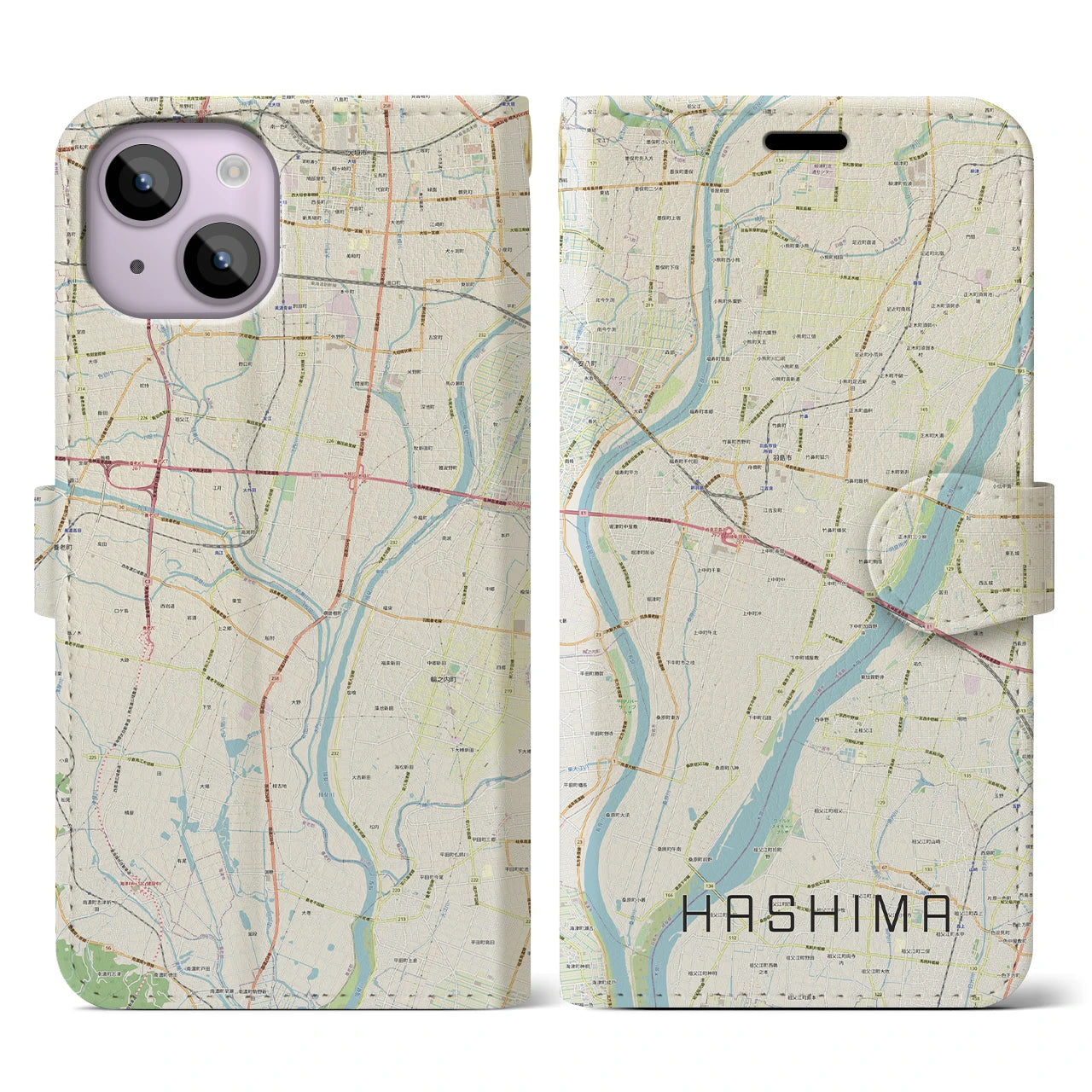 【羽島(岐阜県)】地図柄iPhoneケース(手帳タイプ)ナチュラル・iPhone 14 用