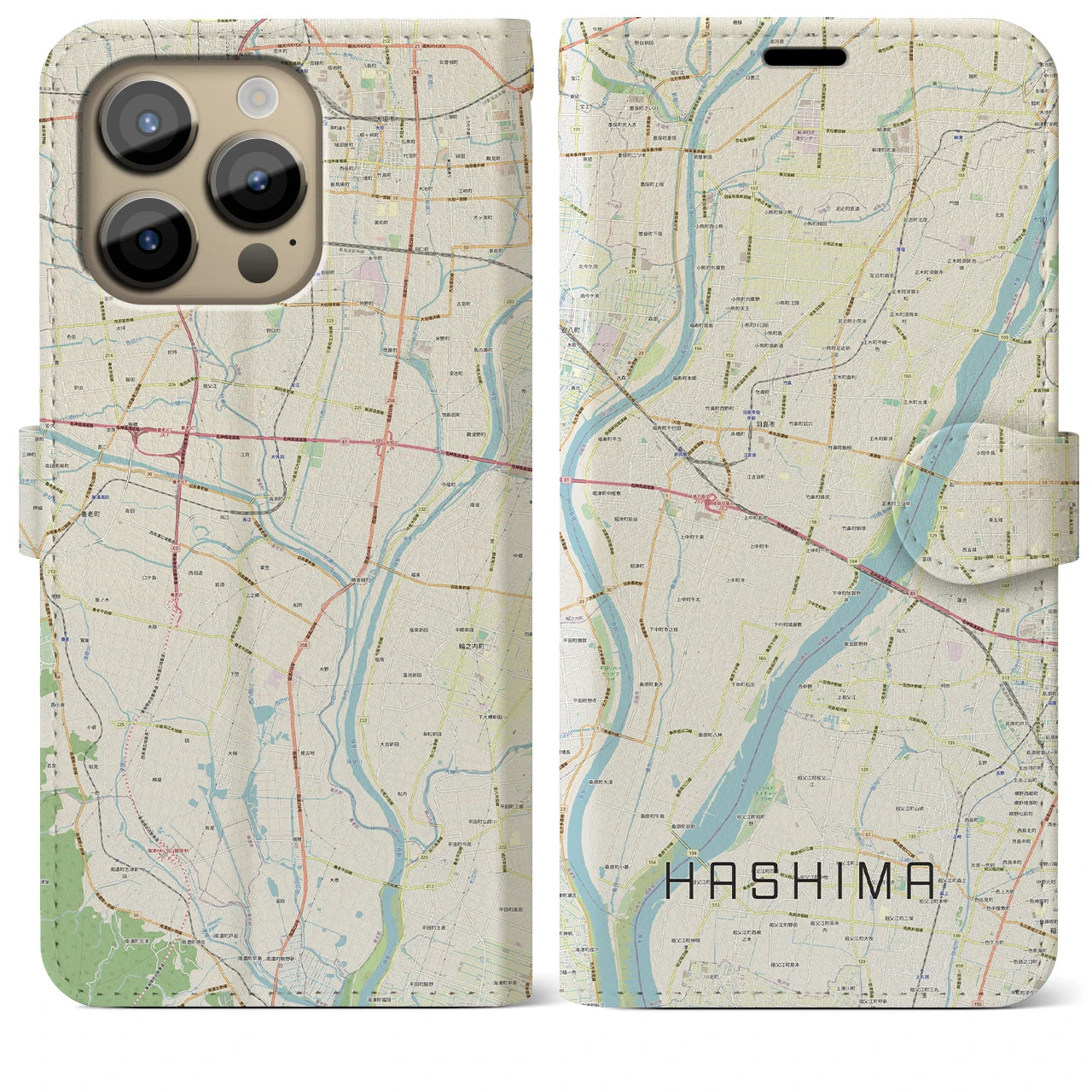 【羽島(岐阜県)】地図柄iPhoneケース(手帳タイプ)ナチュラル・iPhone 14 Pro Max 用