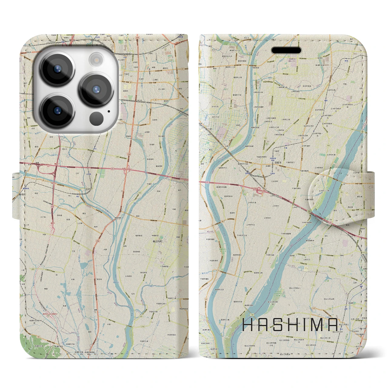 【羽島(岐阜県)】地図柄iPhoneケース(手帳タイプ)ナチュラル・iPhone 14 Pro 用