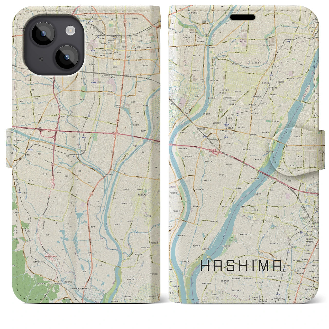 【羽島(岐阜県)】地図柄iPhoneケース(手帳タイプ)ナチュラル・iPhone 14 Plus 用