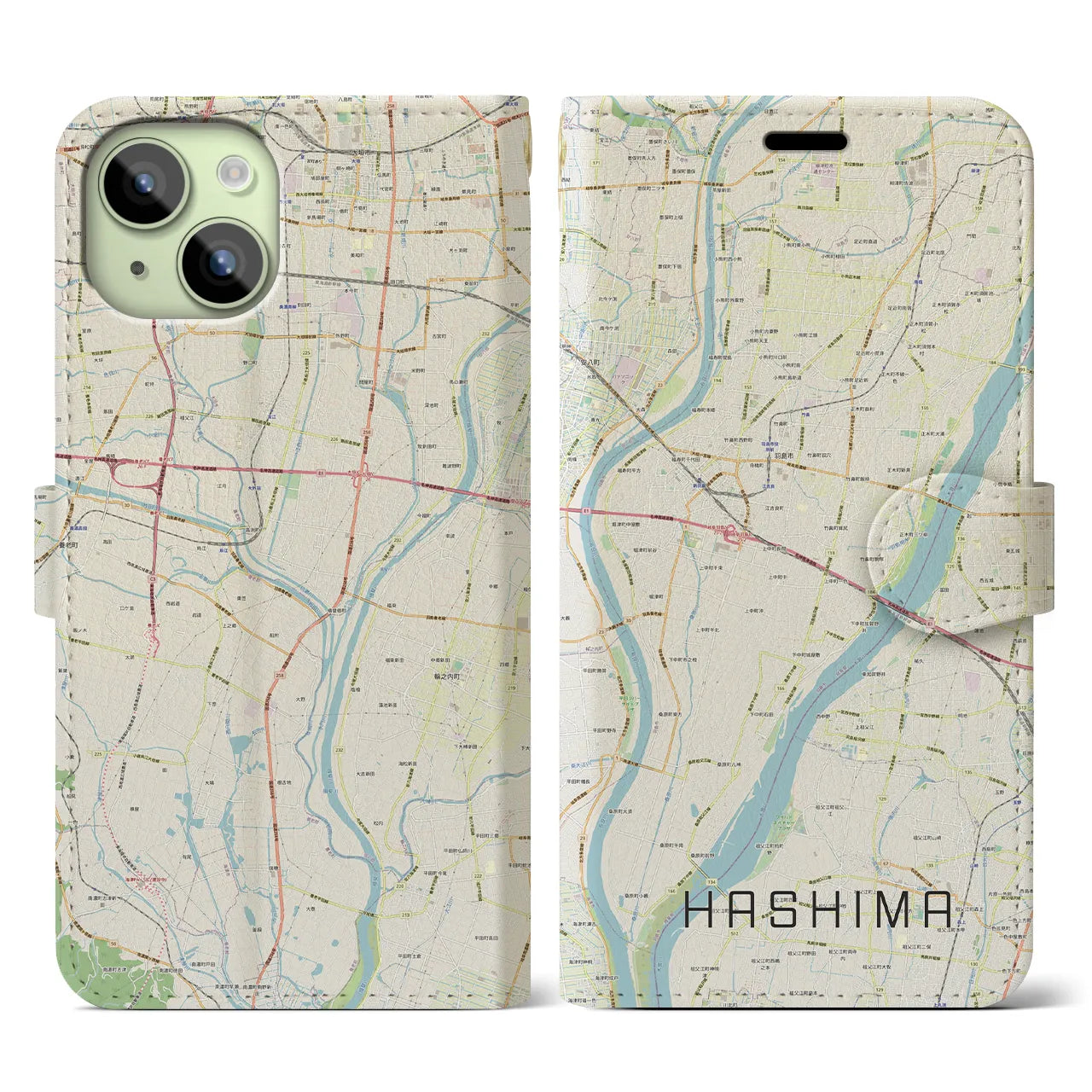 【羽島(岐阜県)】地図柄iPhoneケース(手帳タイプ)ナチュラル・iPhone 15 用