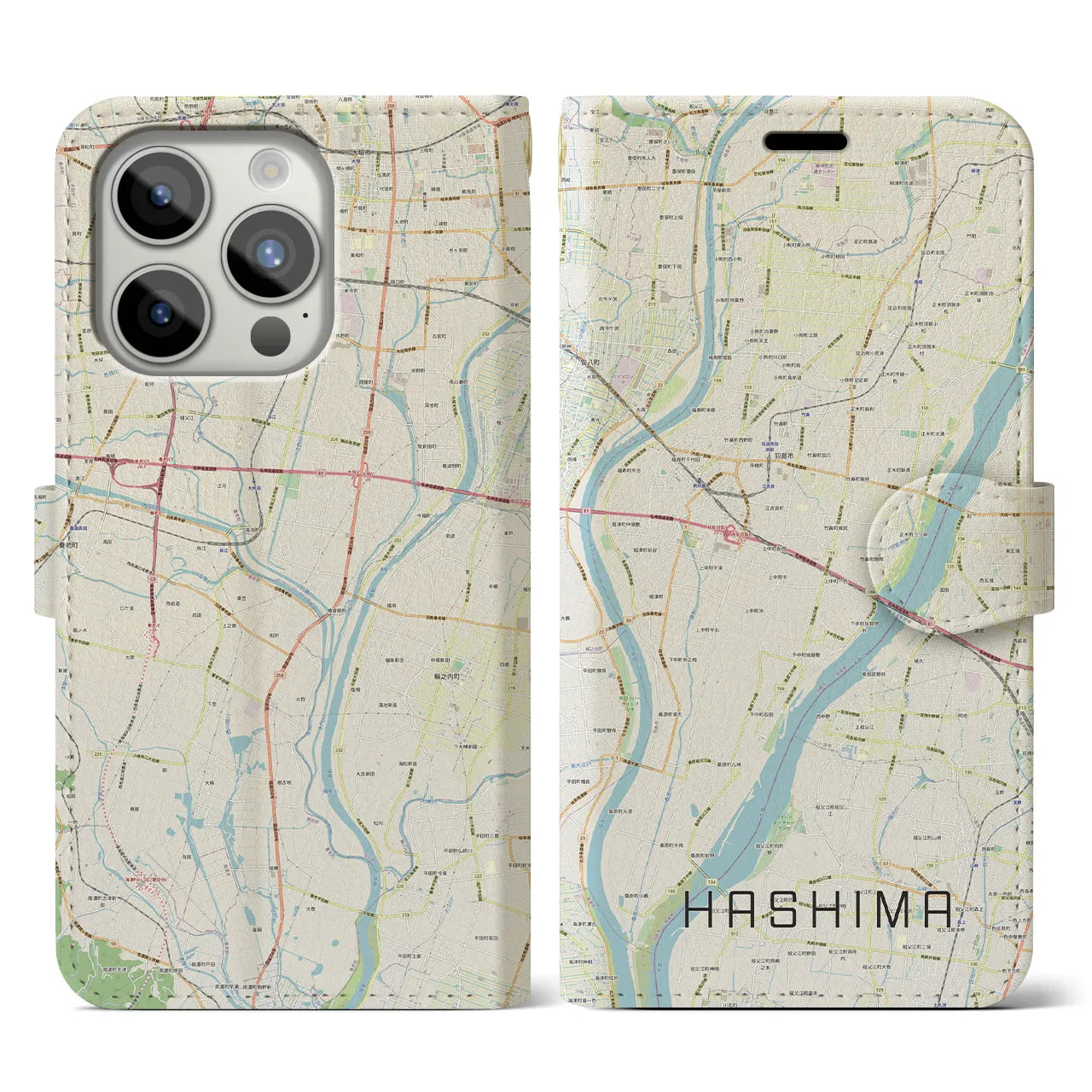 【羽島(岐阜県)】地図柄iPhoneケース(手帳タイプ)ナチュラル・iPhone 15 Pro 用