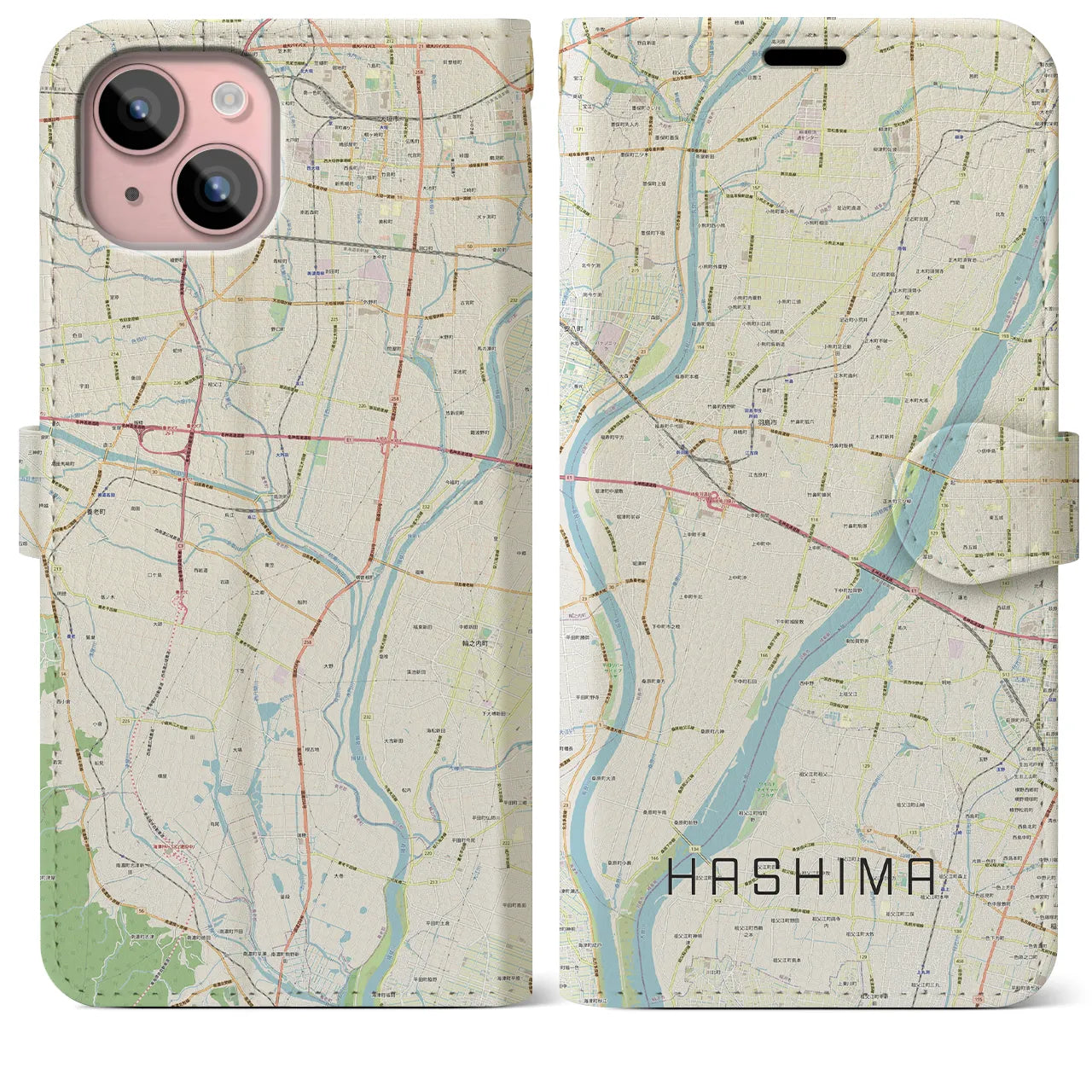 【羽島(岐阜県)】地図柄iPhoneケース(手帳タイプ)ナチュラル・iPhone 15 Plus 用