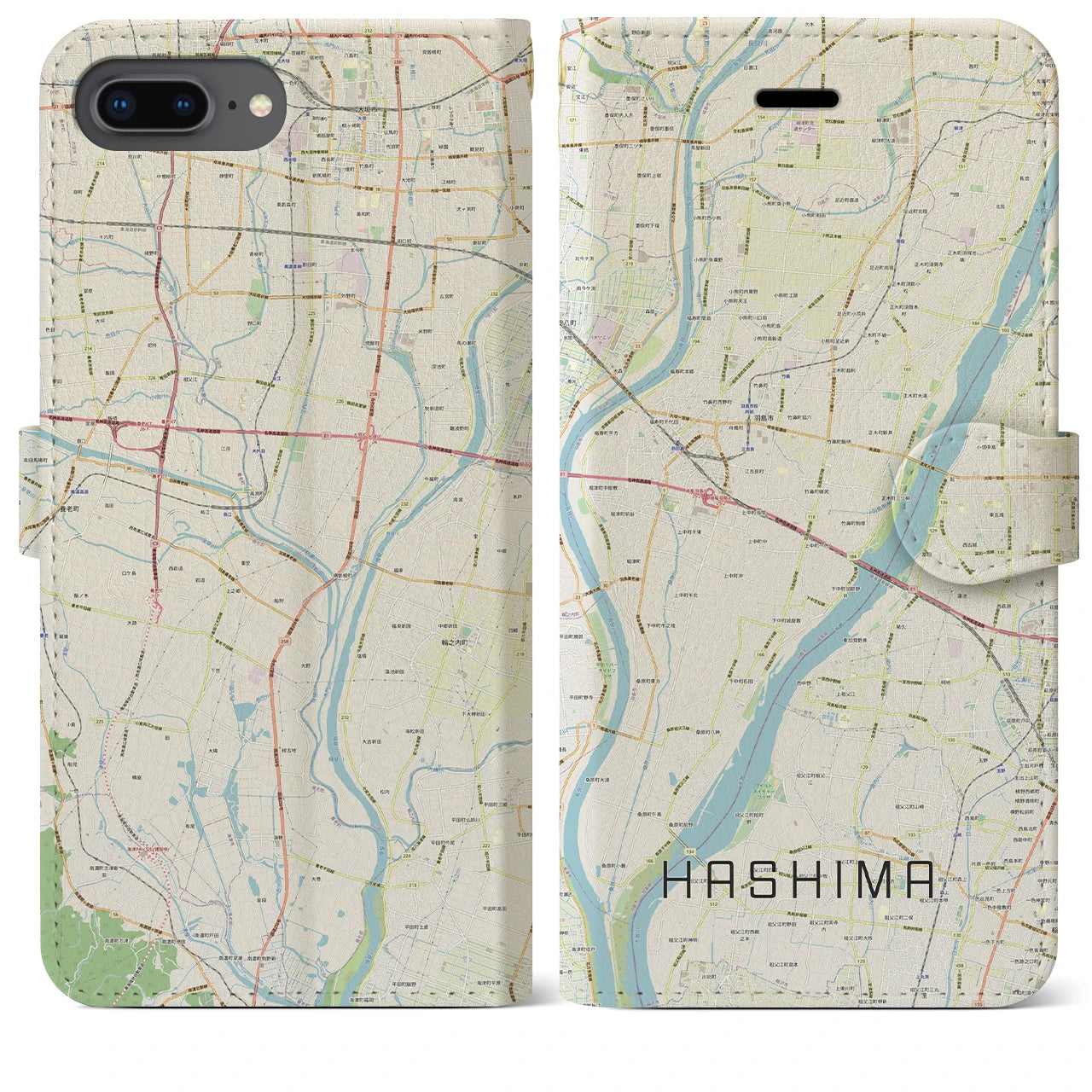 【羽島(岐阜県)】地図柄iPhoneケース(手帳タイプ)ナチュラル・iPhone 8Plus /7Plus / 6sPlus / 6Plus 用
