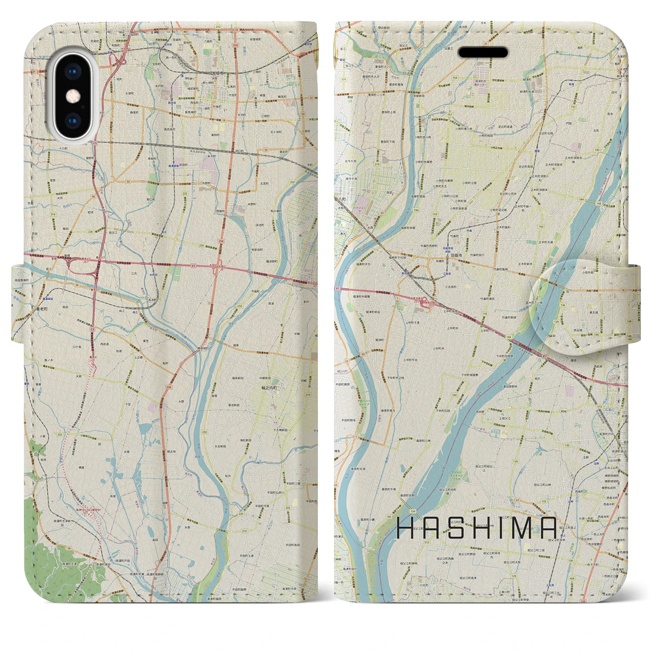 【羽島(岐阜県)】地図柄iPhoneケース(手帳タイプ)ナチュラル・iPhone XS Max 用