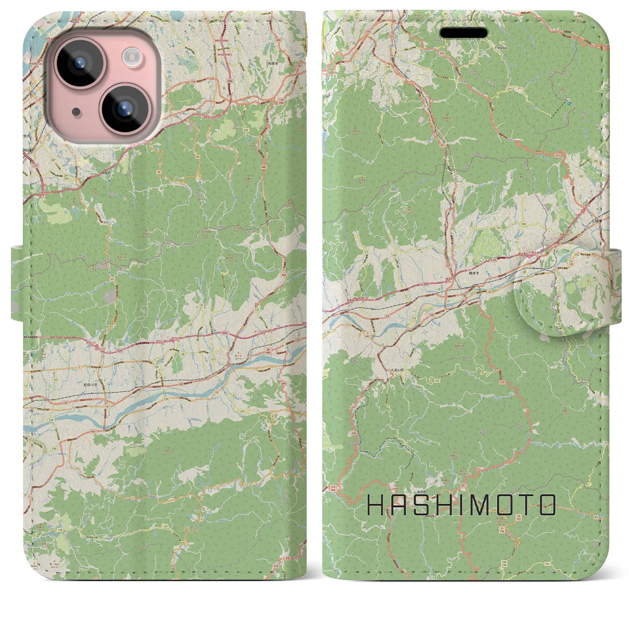 【橋本(和歌山県)】地図柄iPhoneケース(手帳タイプ)ナチュラル・iPhone 15 Plus 用