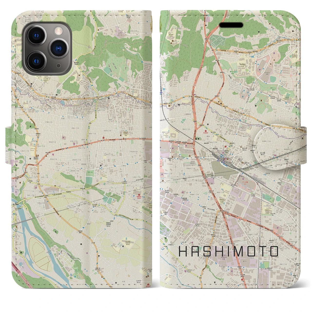 【橋本(神奈川県)】地図柄iPhoneケース(手帳タイプ)ナチュラル・iPhone 11 Pro Max 用