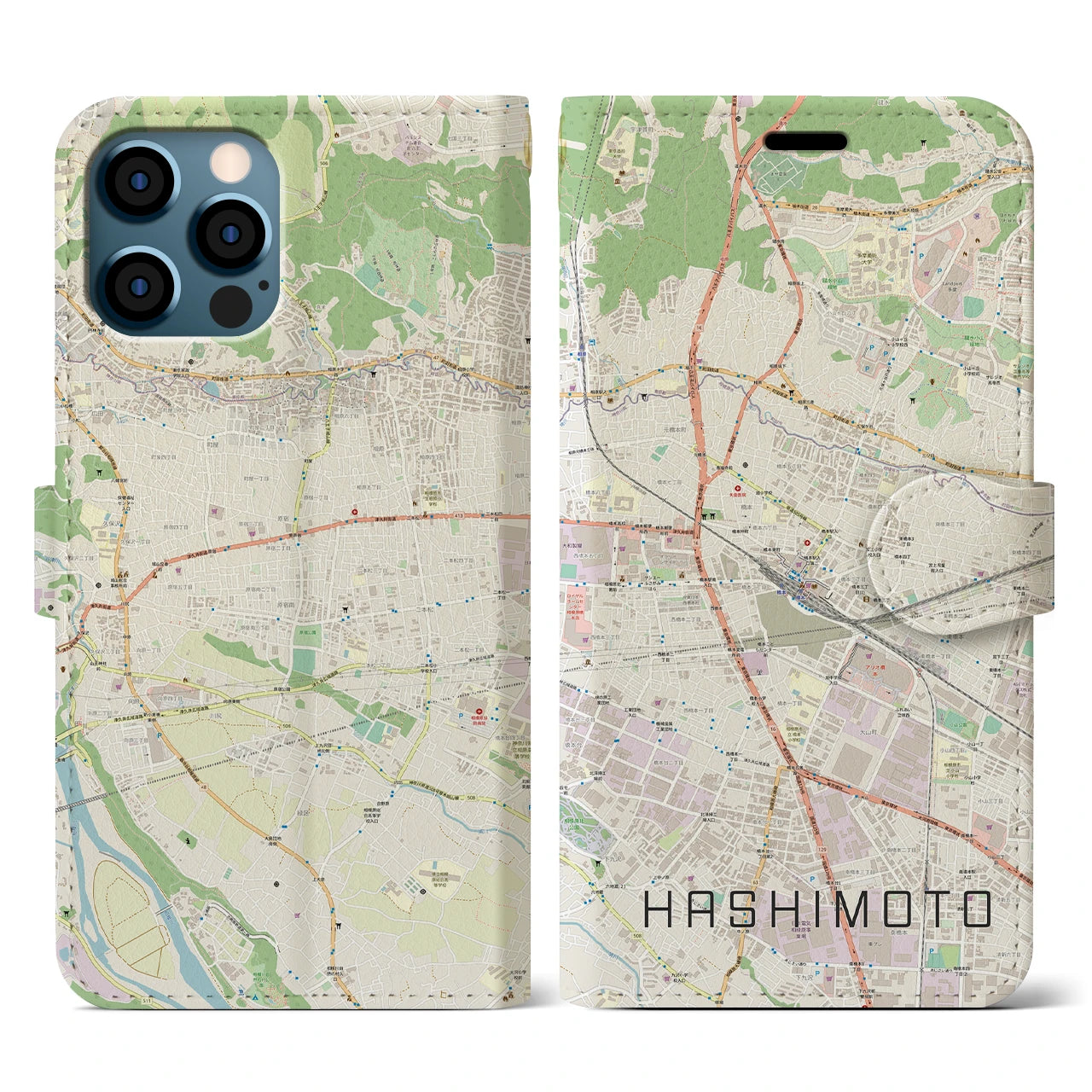 【橋本(神奈川県)】地図柄iPhoneケース(手帳タイプ)ナチュラル・iPhone 12 / 12 Pro 用