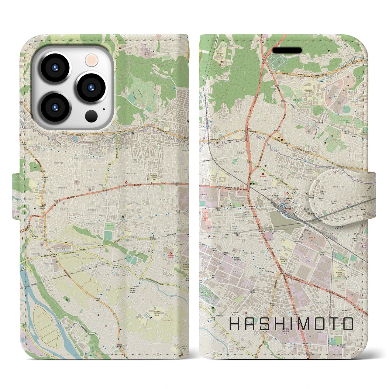 【橋本(神奈川県)】地図柄iPhoneケース(手帳タイプ)ナチュラル・iPhone 13 Pro 用