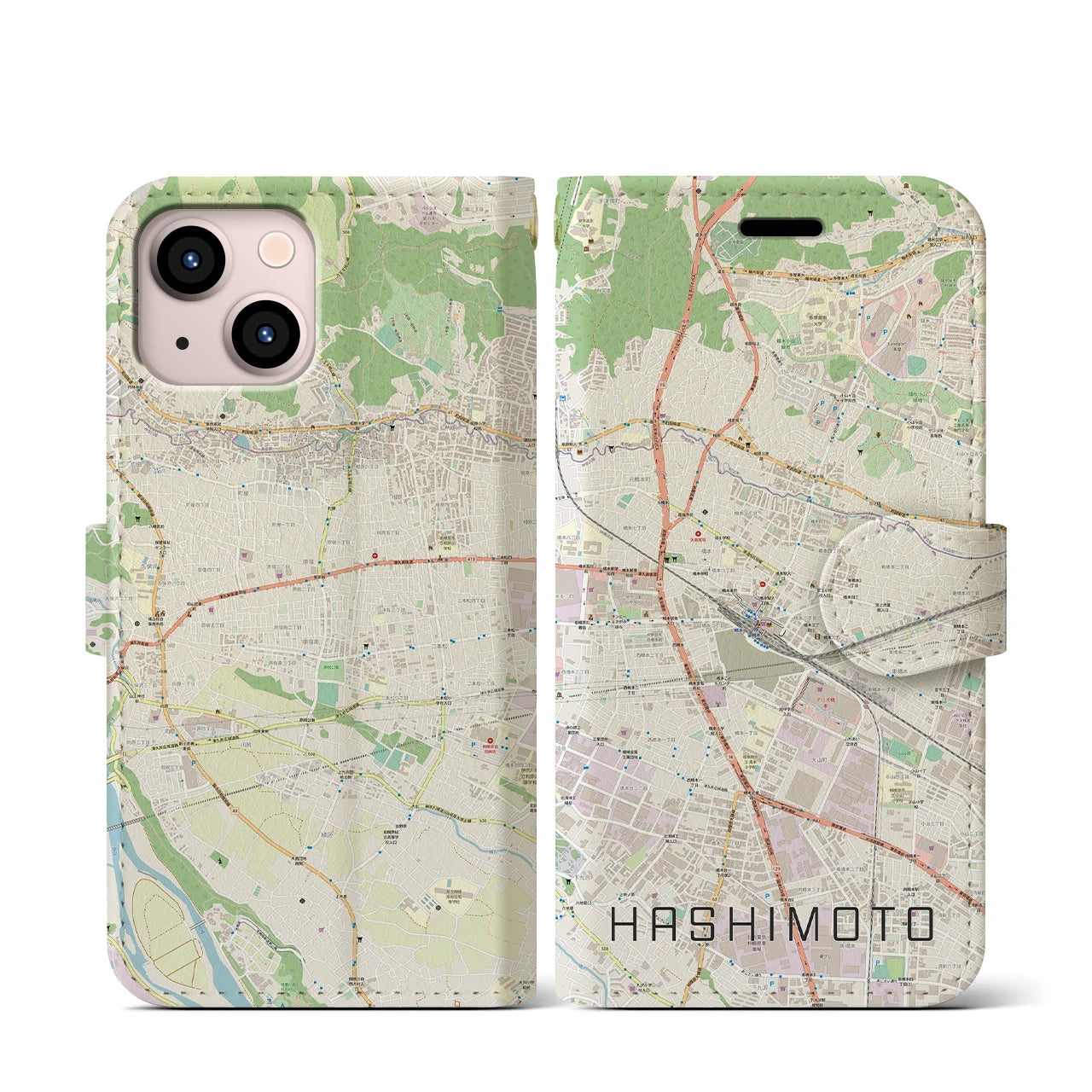 【橋本(神奈川県)】地図柄iPhoneケース(手帳タイプ)ナチュラル・iPhone 13 mini 用