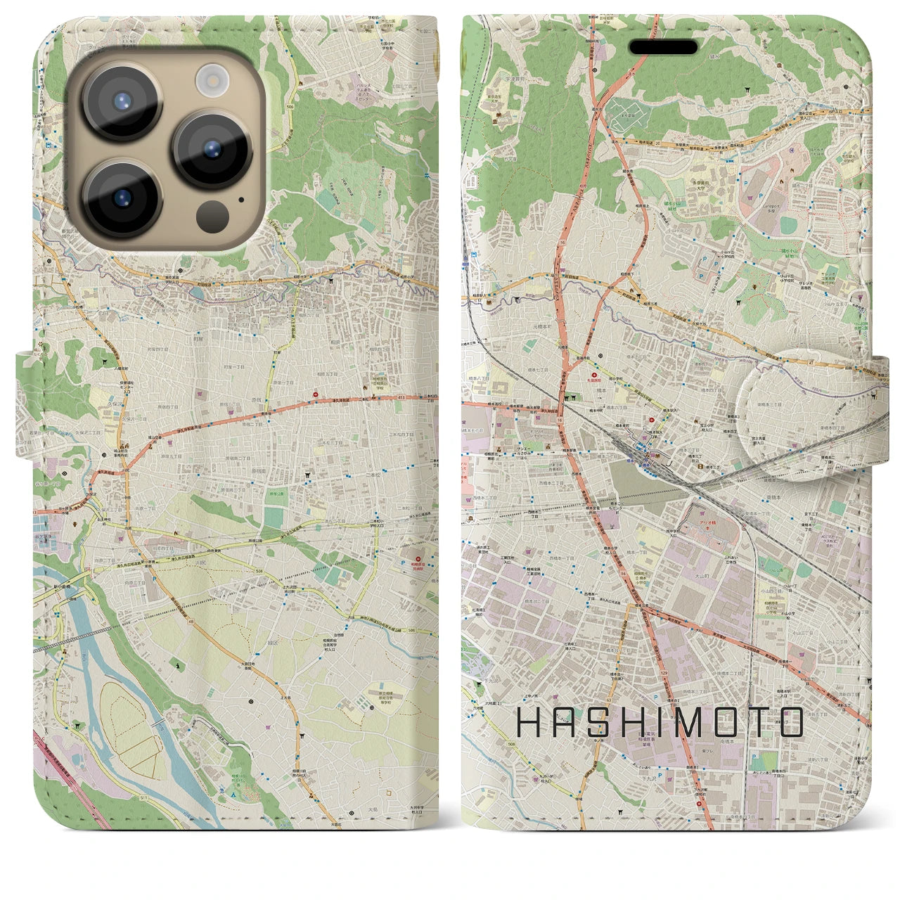 【橋本(神奈川県)】地図柄iPhoneケース(手帳タイプ)ナチュラル・iPhone 14 Pro Max 用
