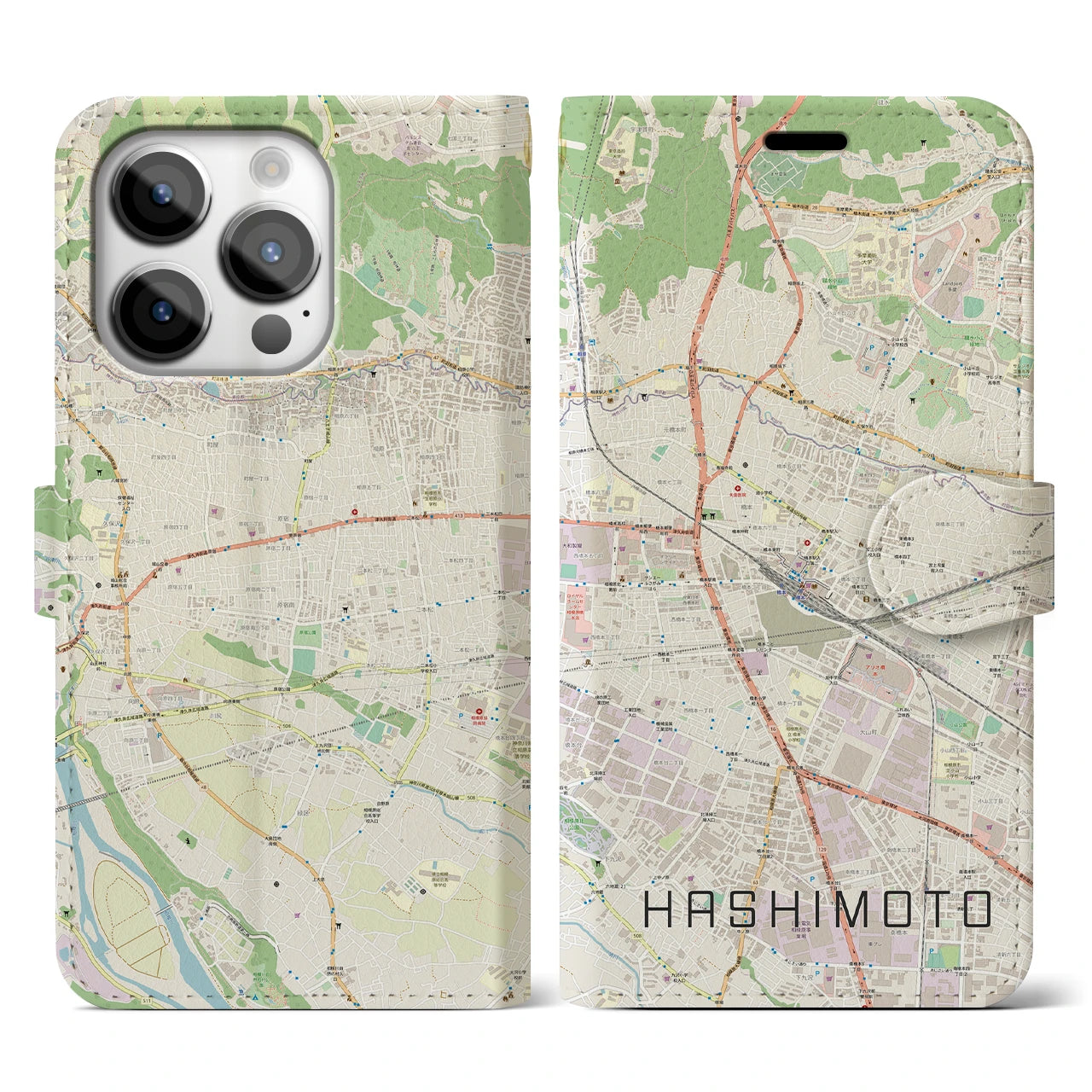 【橋本(神奈川県)】地図柄iPhoneケース(手帳タイプ)ナチュラル・iPhone 14 Pro 用