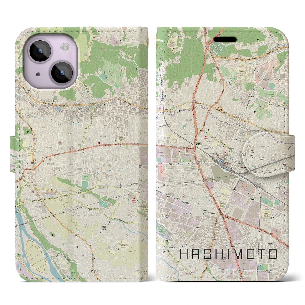【橋本(神奈川県)】地図柄iPhoneケース(手帳タイプ)ナチュラル・iPhone 14 用