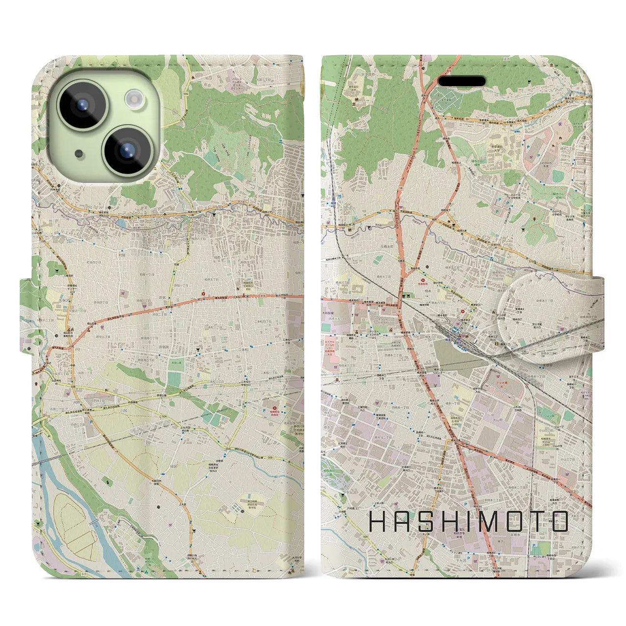 【橋本(神奈川県)】地図柄iPhoneケース(手帳タイプ)ナチュラル・iPhone 15 用