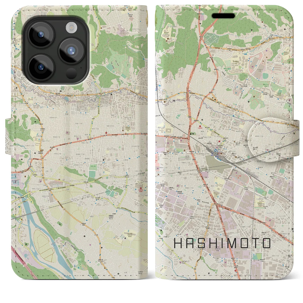 【橋本(神奈川県)】地図柄iPhoneケース(手帳タイプ)ナチュラル・iPhone 15 Pro Max 用