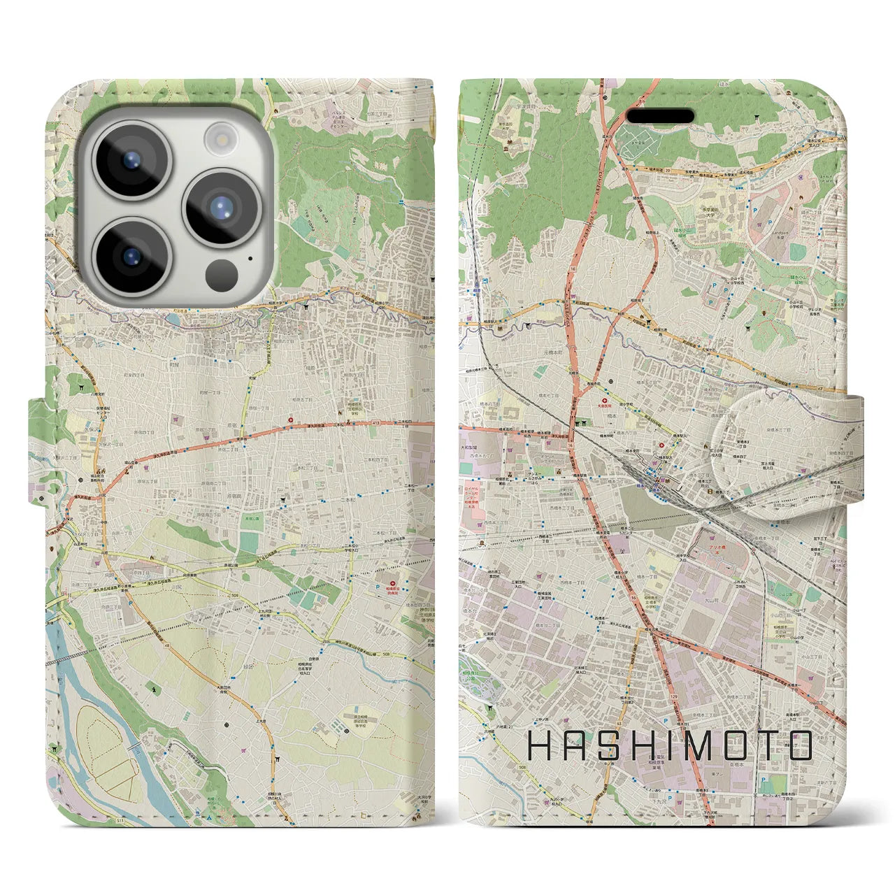 【橋本(神奈川県)】地図柄iPhoneケース(手帳タイプ)ナチュラル・iPhone 15 Pro 用