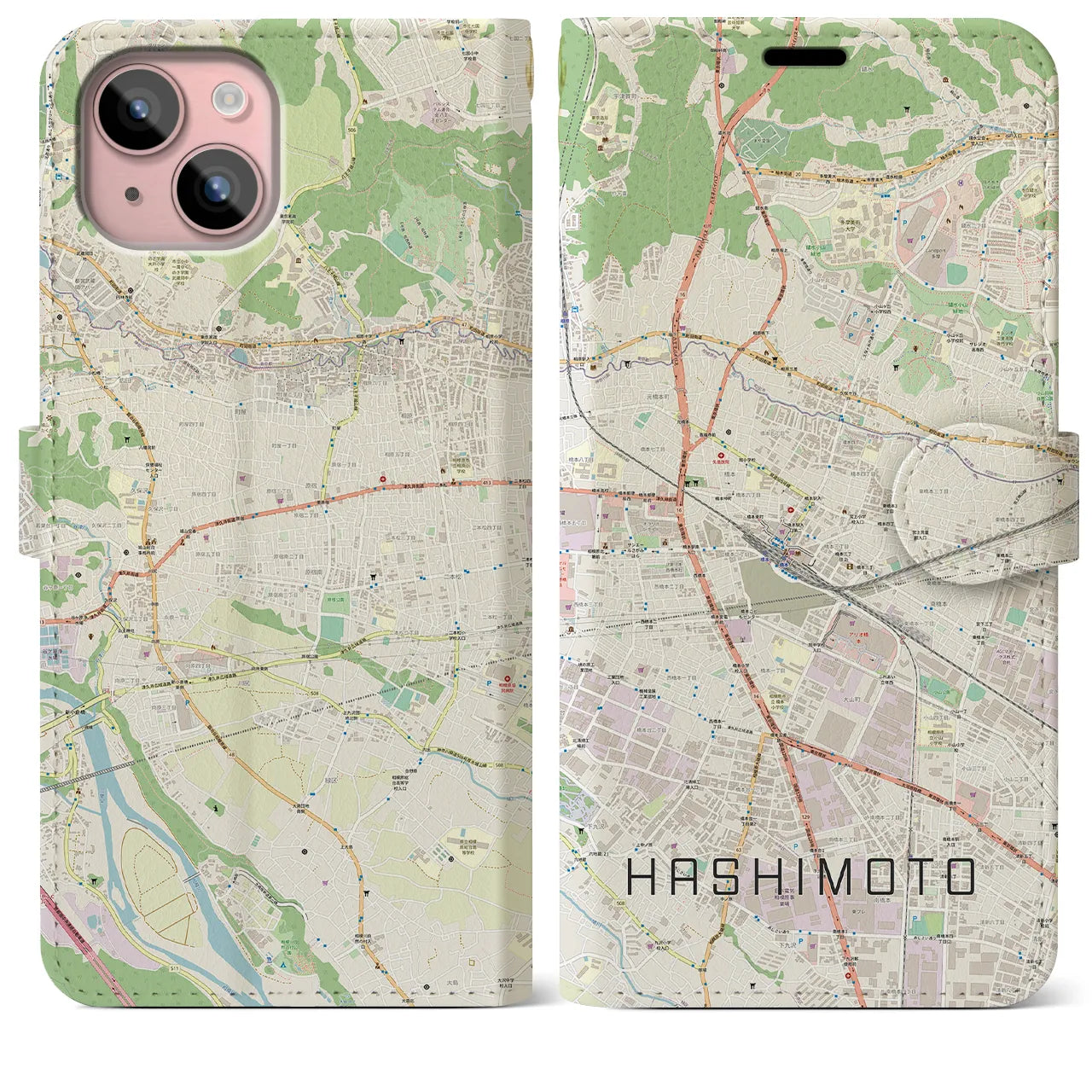 【橋本(神奈川県)】地図柄iPhoneケース(手帳タイプ)ナチュラル・iPhone 15 Plus 用