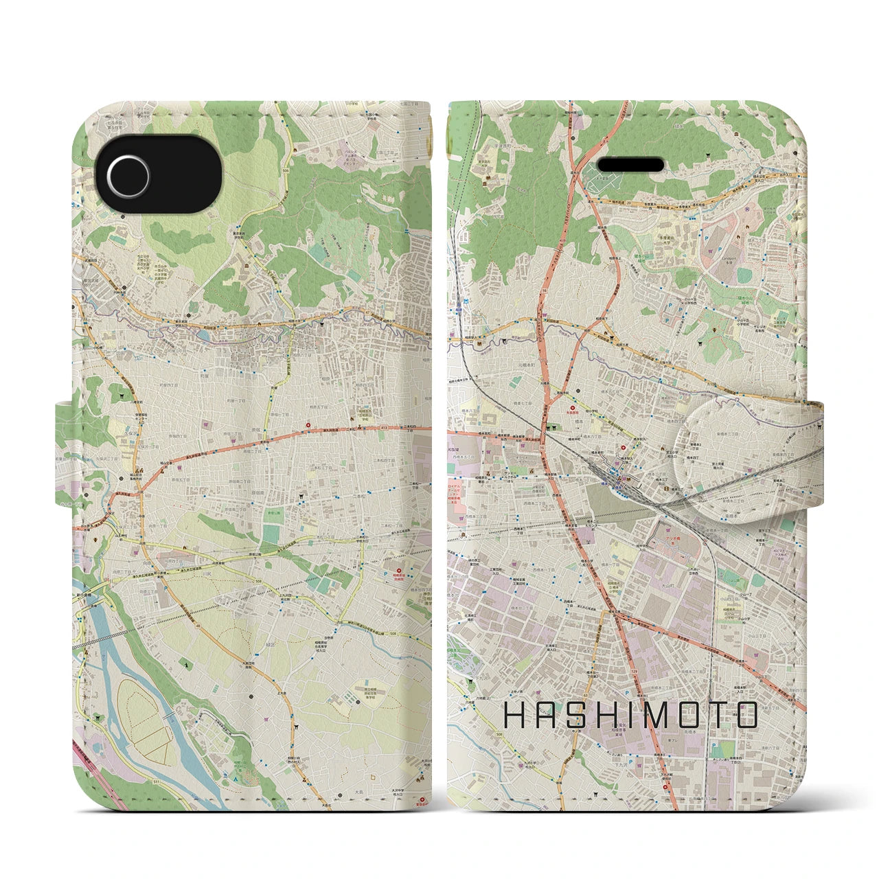 【橋本(神奈川県)】地図柄iPhoneケース(手帳タイプ)ナチュラル・iPhone SE(第3 / 第2世代) / 8 / 7 / 6s / 6 用