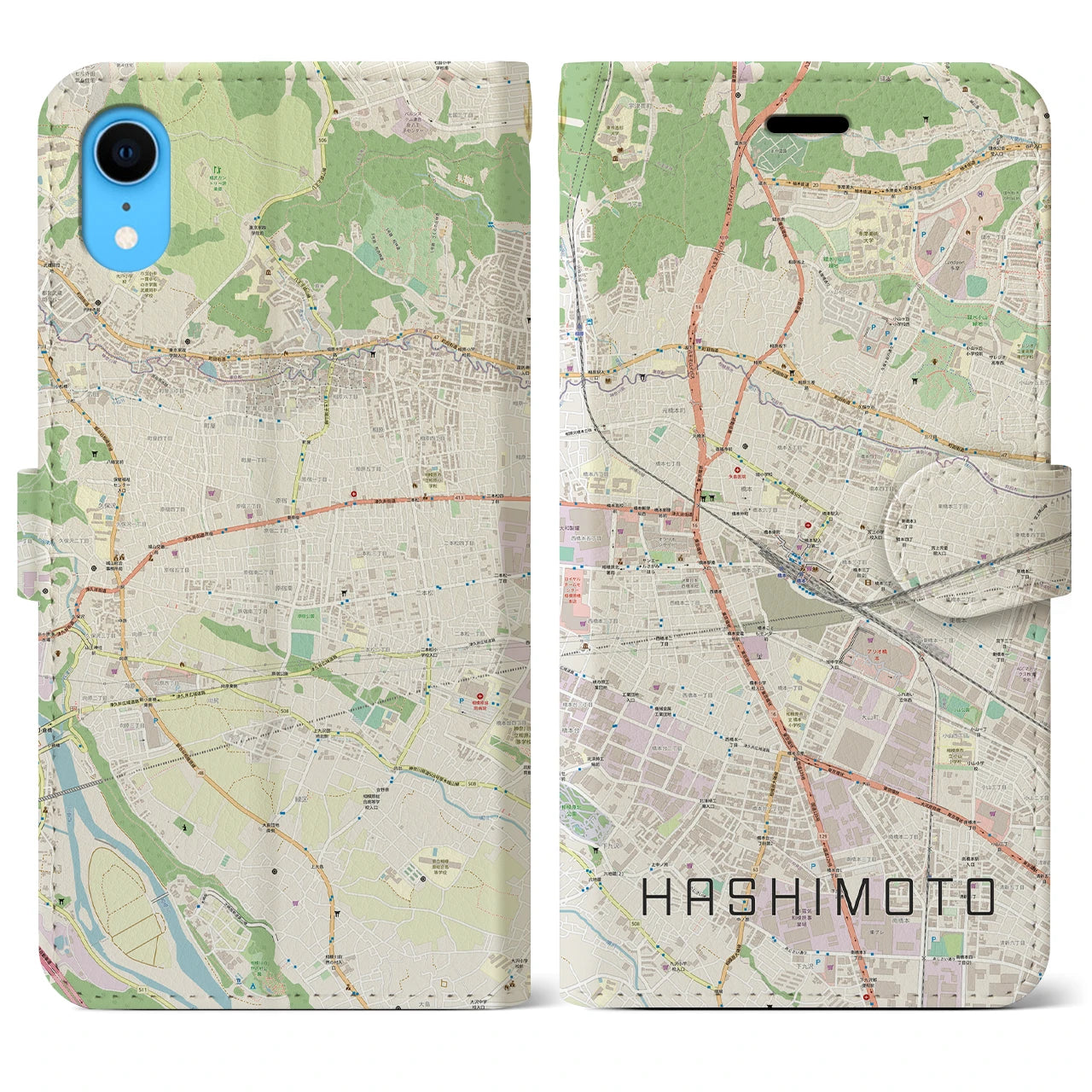【橋本(神奈川県)】地図柄iPhoneケース(手帳タイプ)ナチュラル・iPhone XR 用