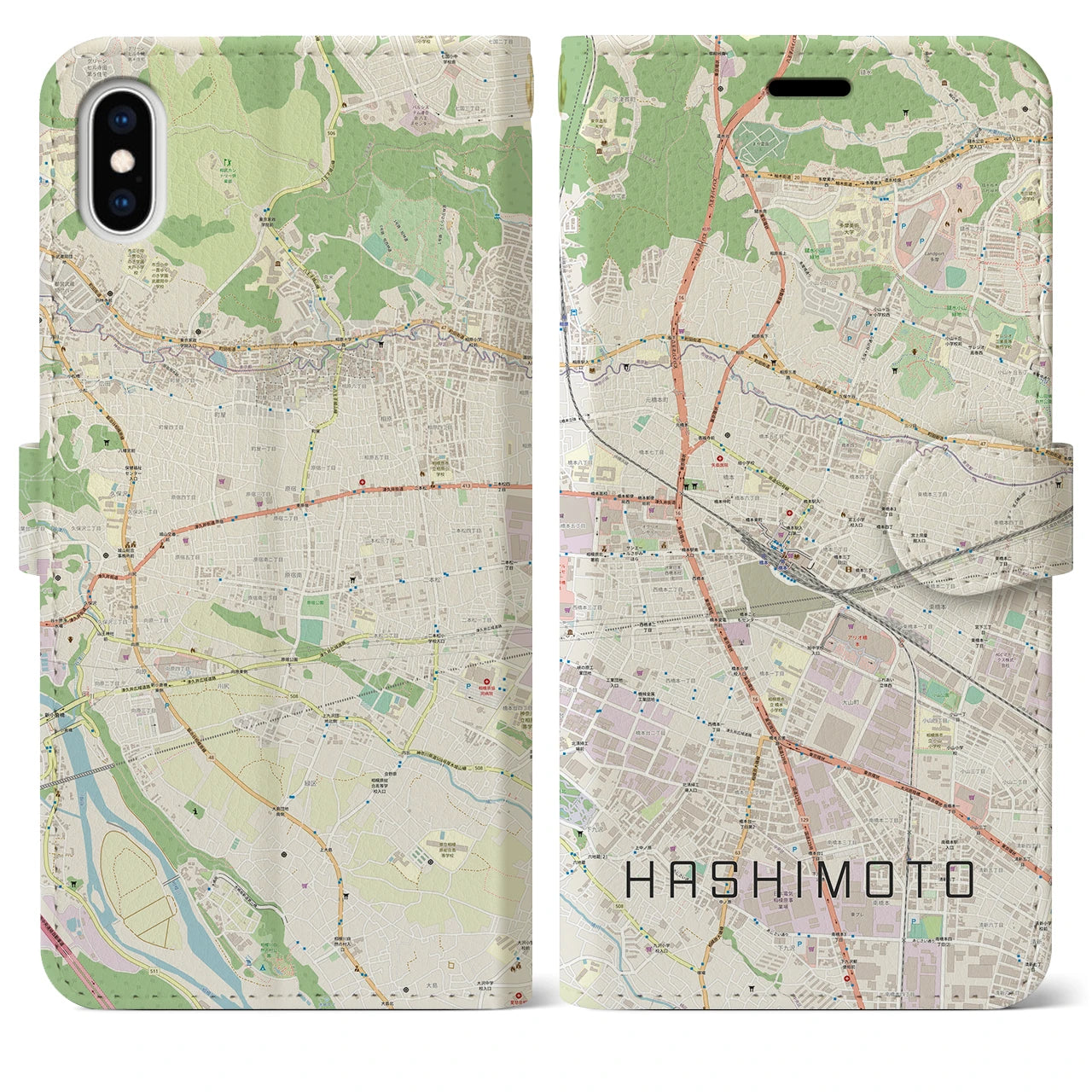 【橋本(神奈川県)】地図柄iPhoneケース(手帳タイプ)ナチュラル・iPhone XS Max 用