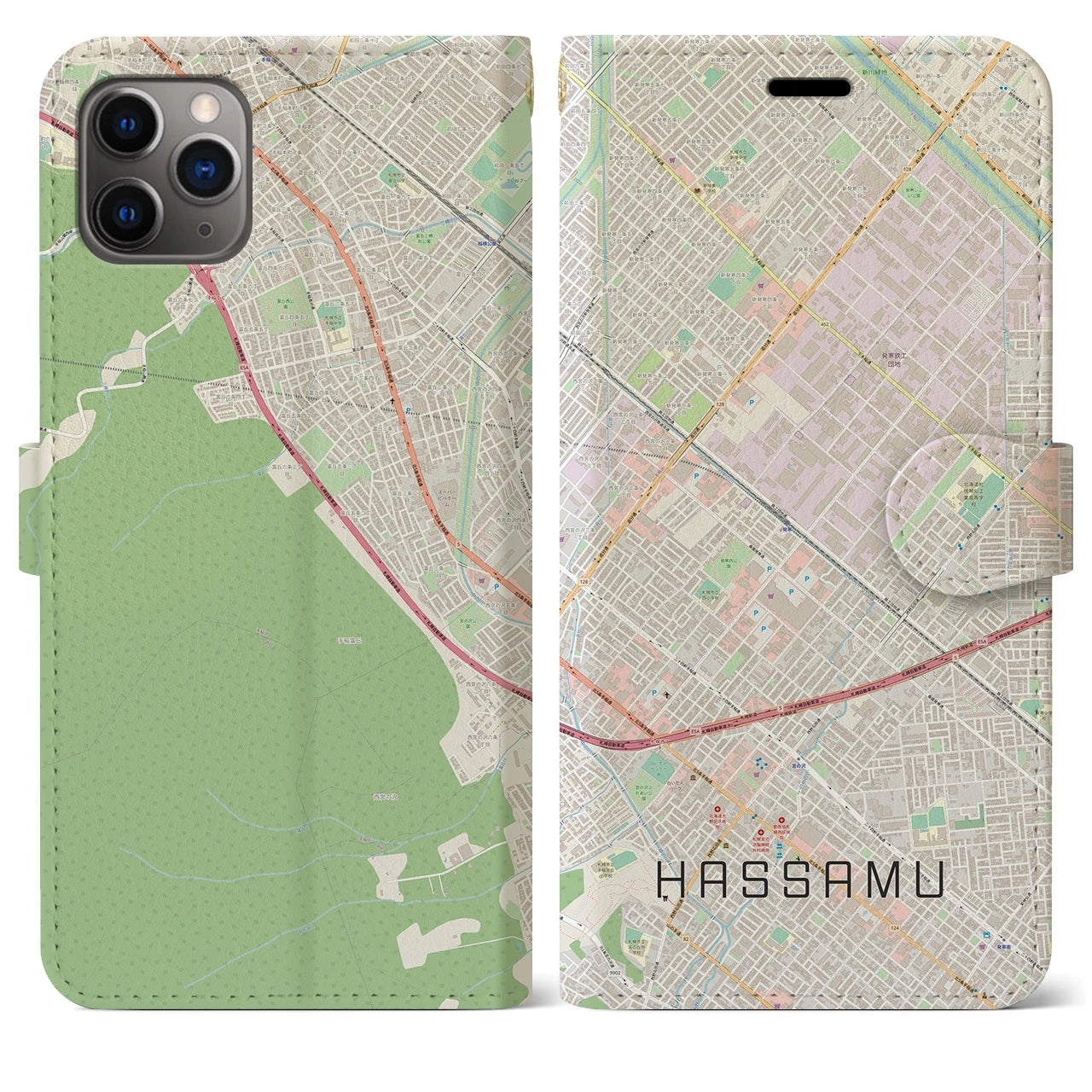 【発寒(北海道)】地図柄iPhoneケース(手帳タイプ)ナチュラル・iPhone 11 Pro Max 用