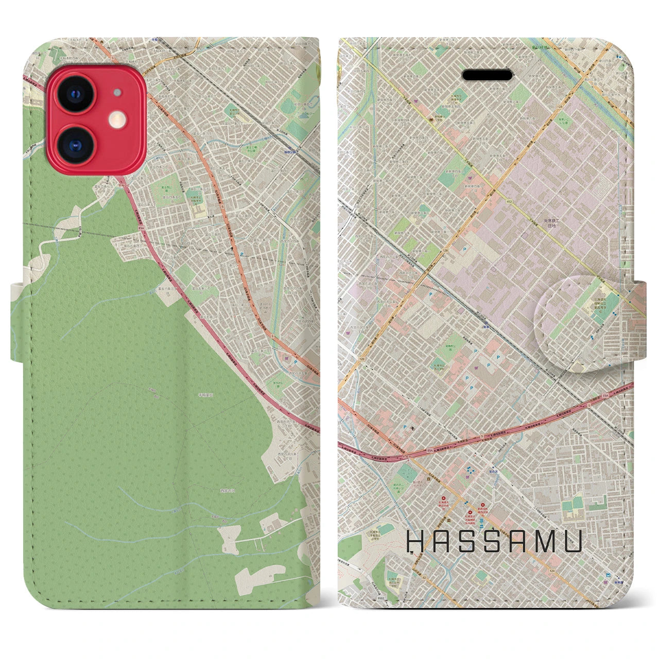 【発寒(北海道)】地図柄iPhoneケース(手帳タイプ)ナチュラル・iPhone 11 用