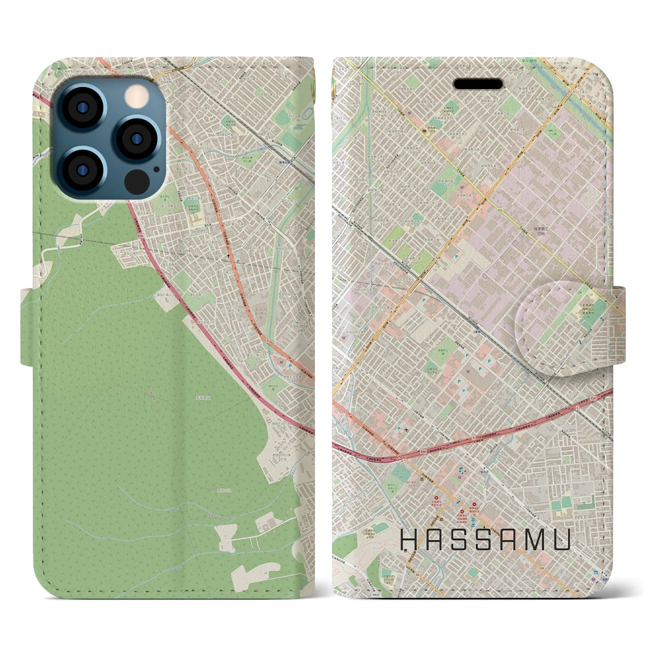 【発寒(北海道)】地図柄iPhoneケース(手帳タイプ)ナチュラル・iPhone 12 / 12 Pro 用