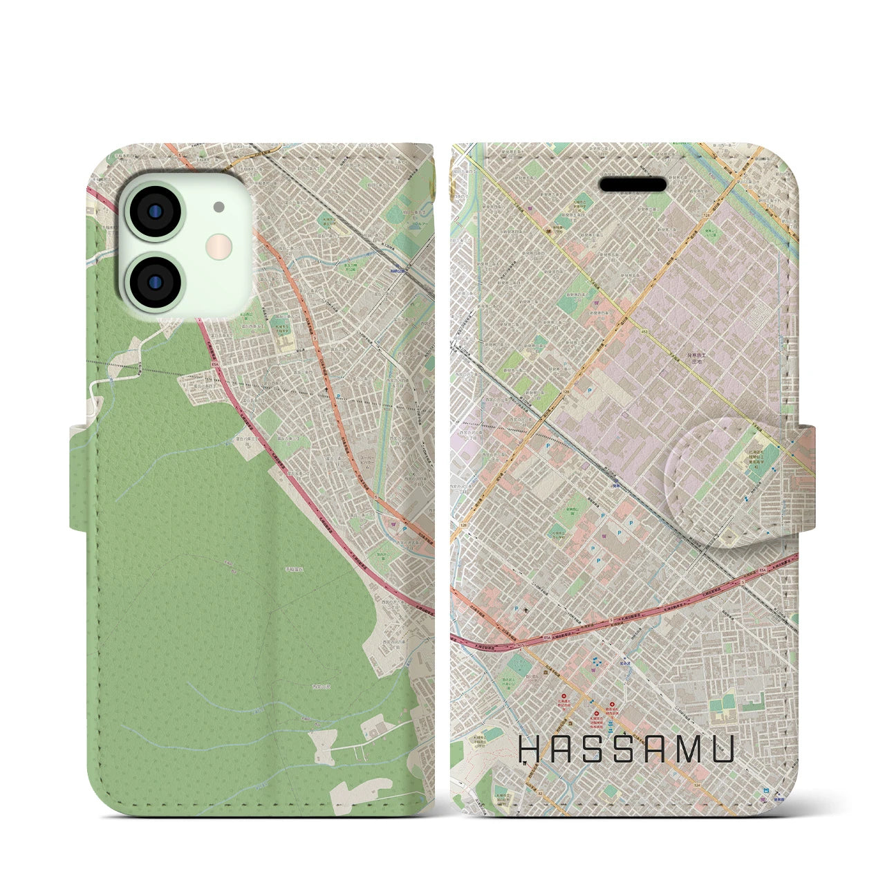 【発寒(北海道)】地図柄iPhoneケース(手帳タイプ)ナチュラル・iPhone 12 mini 用