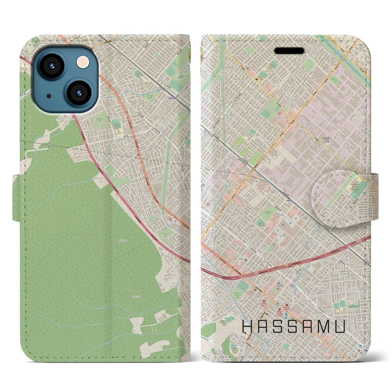 【発寒(北海道)】地図柄iPhoneケース(手帳タイプ)ナチュラル・iPhone 13 用
