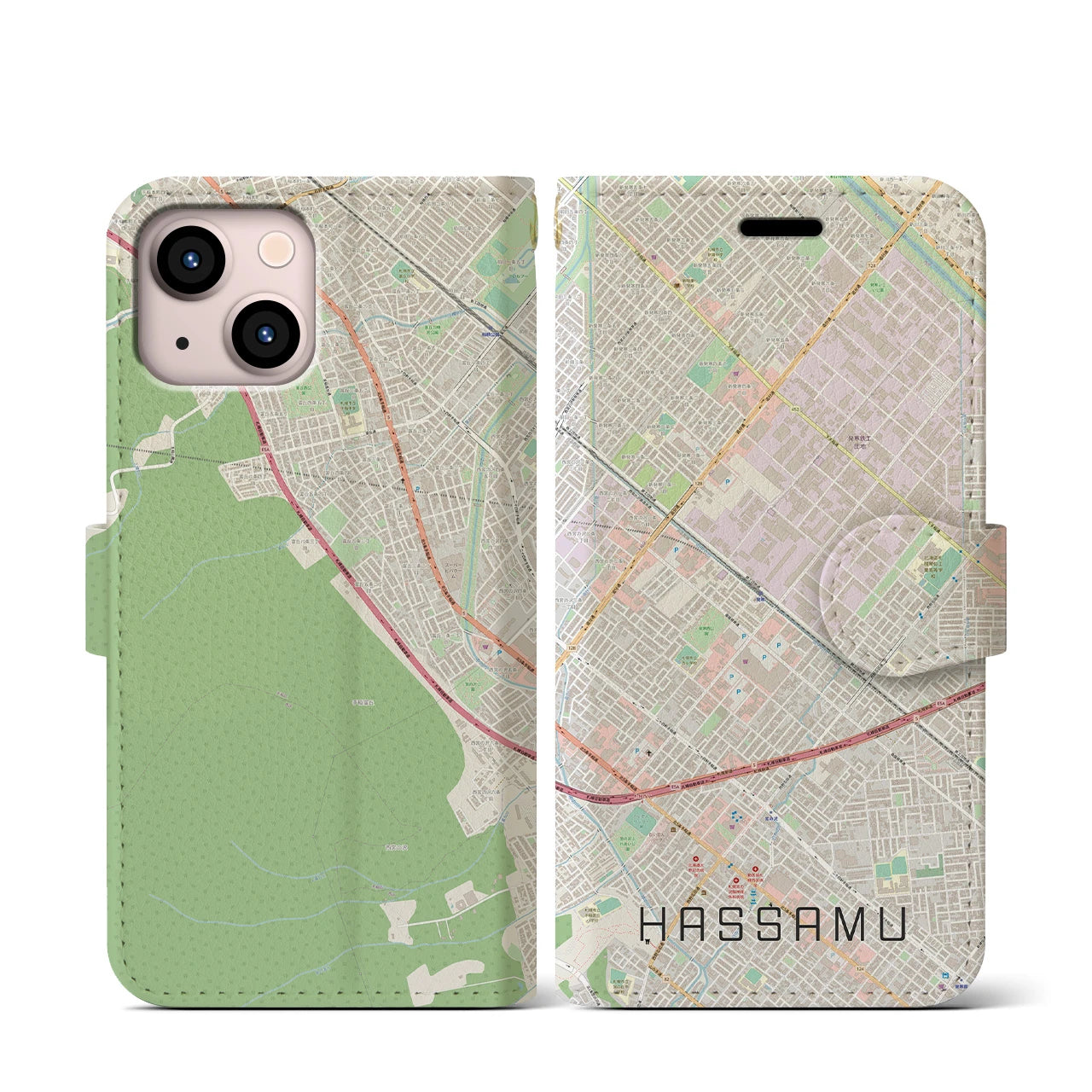 【発寒(北海道)】地図柄iPhoneケース(手帳タイプ)ナチュラル・iPhone 13 mini 用