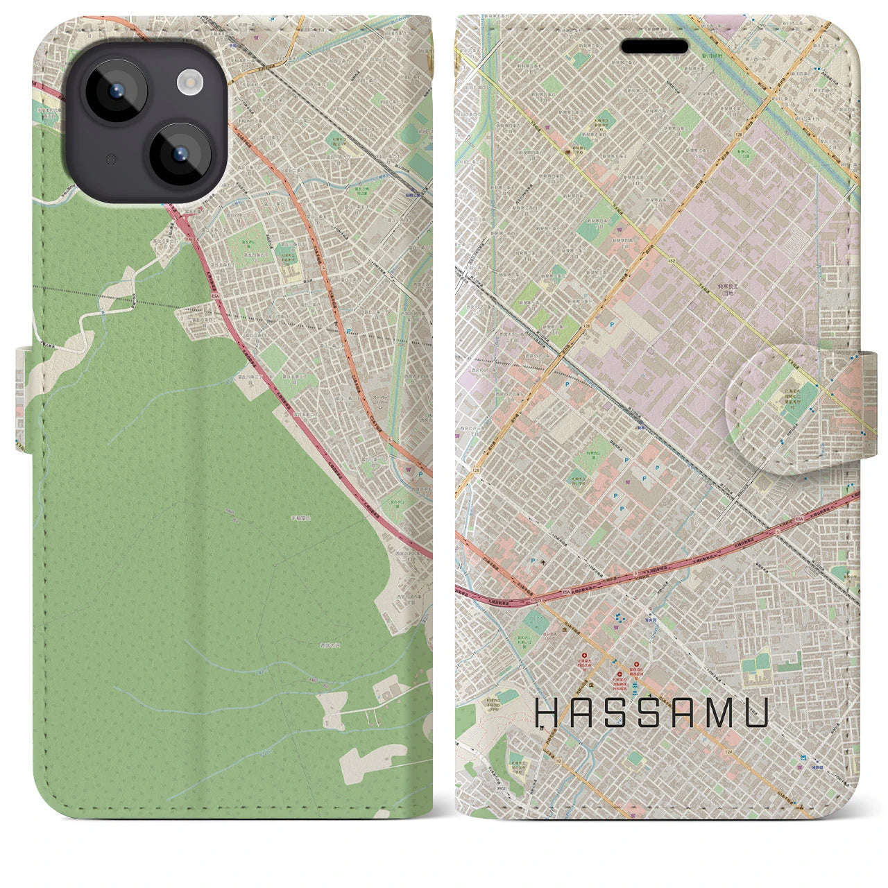 【発寒(北海道)】地図柄iPhoneケース(手帳タイプ)ナチュラル・iPhone 14 Plus 用